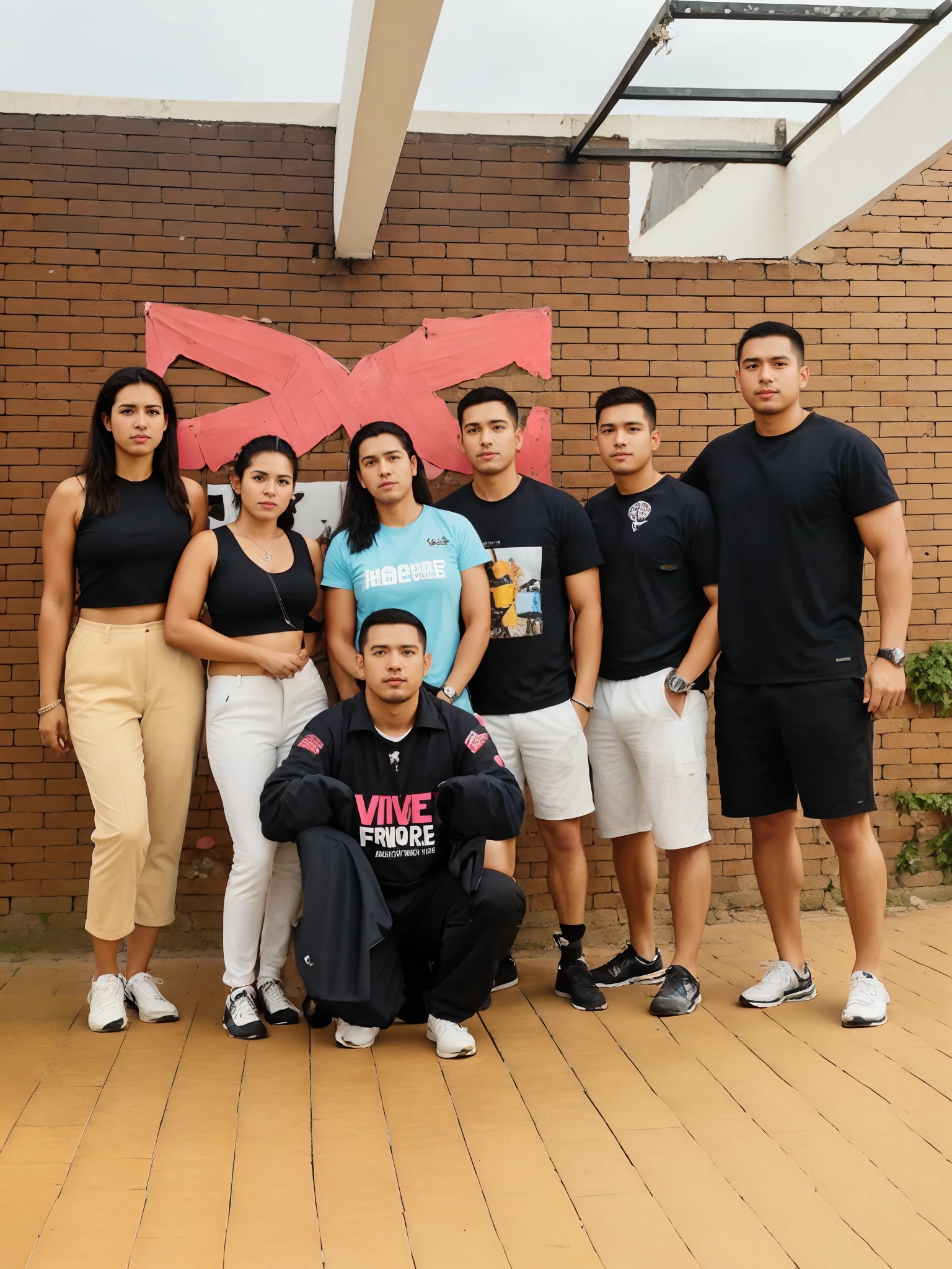 Several people posing for a painting in front of a brick wall, vibe comercial profissional, 🤬 🤮 💕 🎀, pro - vida, Directed by: Nandor Soldier, Directed by: Samuel Silva, profissional, Directed by: Luis Miranda, Torne-se profissional, Directed by: Judith Gutierrez, athletic crossfit build, Foto Profissional, Directed by: Ric Estrada, por Gen Paul, Foto profissional