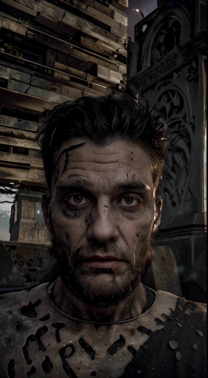 a man as a zombie, his decaying flesh and lifeless eyes haunting the viewer in a moonlit cemetery. He shambles forward, driven by an insatiable hunger for flesh. The tombstones and gnarled trees cast ominous silhouettes against the backdrop of a full moon, intensifying the feeling of dread that permeates this nightmarish scene