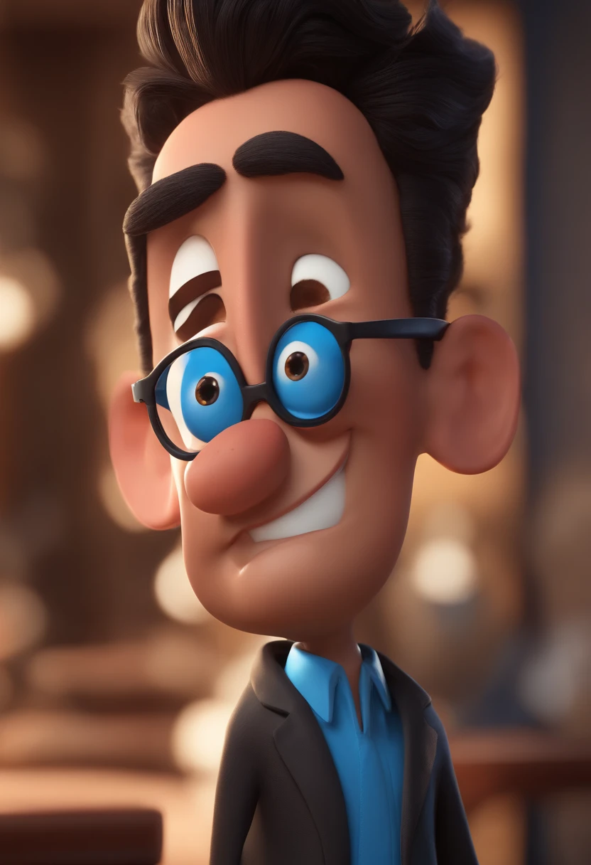 Cartoon character of a man with black glasses and a blue shirt, animation character, Caractere estilizado, animation style rendering, 3D estilizado, Arnold Maya render, 3 d render stylized, toon render keyshot, Personagem 3D, Personagem 3D, 3d rendering stylized, 3 d character render, personagem de desenho animado, Personagem de close up, Pose de personagem, (Estilo Pixar) (master part:1.2) (Bokeh) (best quality) (pele detalhada) (textura detalhada) (8k) (argila) (Cinematic lighting) (foco nítido