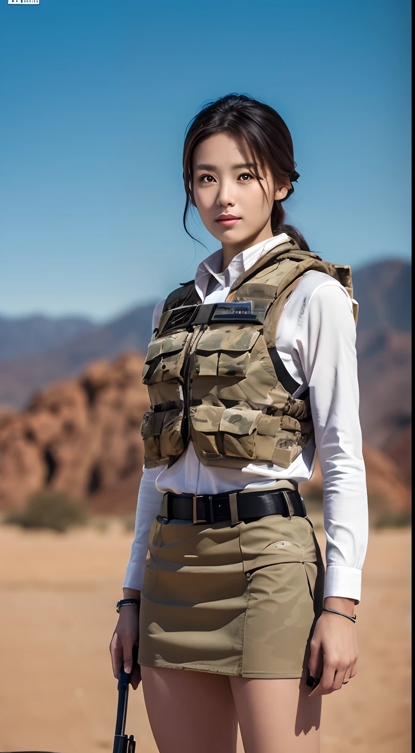 (8K, Raw-Photo, best qualtiy, tmasterpiece:1.2),(realisticlying, photograph realistic:1.4),(Highly detailed CG unity 8k wallpaper),(Round face: 1.5), (detailed pupil:1.3),A young but very beautiful 35-year-old Korean female soldier stands in front of a snowy mountain valley ,K2 rifle in handwearing a tight-fitting desert camouflage vest, Wearing a short skirt with desert camouflage, Handsome pose, belts, I wear a military watch, Jeep Wrangler in desert camouflage outdoors, digital painting, highly detaild, ultra-definition, professional photograph, 8K, ultra-HD, Desert background, real skin texture , Normal intact fingers, Correct facial features, Clear Focus, Eye-catching lighting, blue-sky