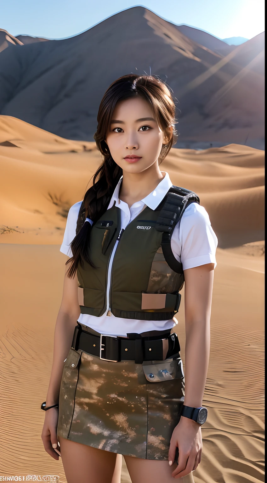 (8K, Raw-Photo, best qualtiy, tmasterpiece:1.2),(realisticlying, photograph realistic:1.4),(Highly detailed CG unity 8k wallpaper),(Round face: 1.5), (detailed pupil:1.3),A young but very beautiful 35-year-old Korean female soldier stands in front of a snowy mountain valley ,K2 rifle in handwearing a tight-fitting desert camouflage vest, Wearing a short skirt with desert camouflage, Handsome pose, belts, I wear a military watch, Jeep Wrangler in desert camouflage outdoors, digital painting, highly detaild, ultra-definition, professional photograph, 8K, ultra-HD, Desert background, real skin texture , Normal intact fingers, Correct facial features, Clear Focus, Eye-catching lighting, blue-sky