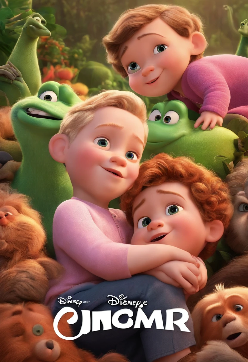 a Disney Pixar movie poster showing two white-skinned brothers. The boy is older and has green stuff. A girl and a in pink clothes