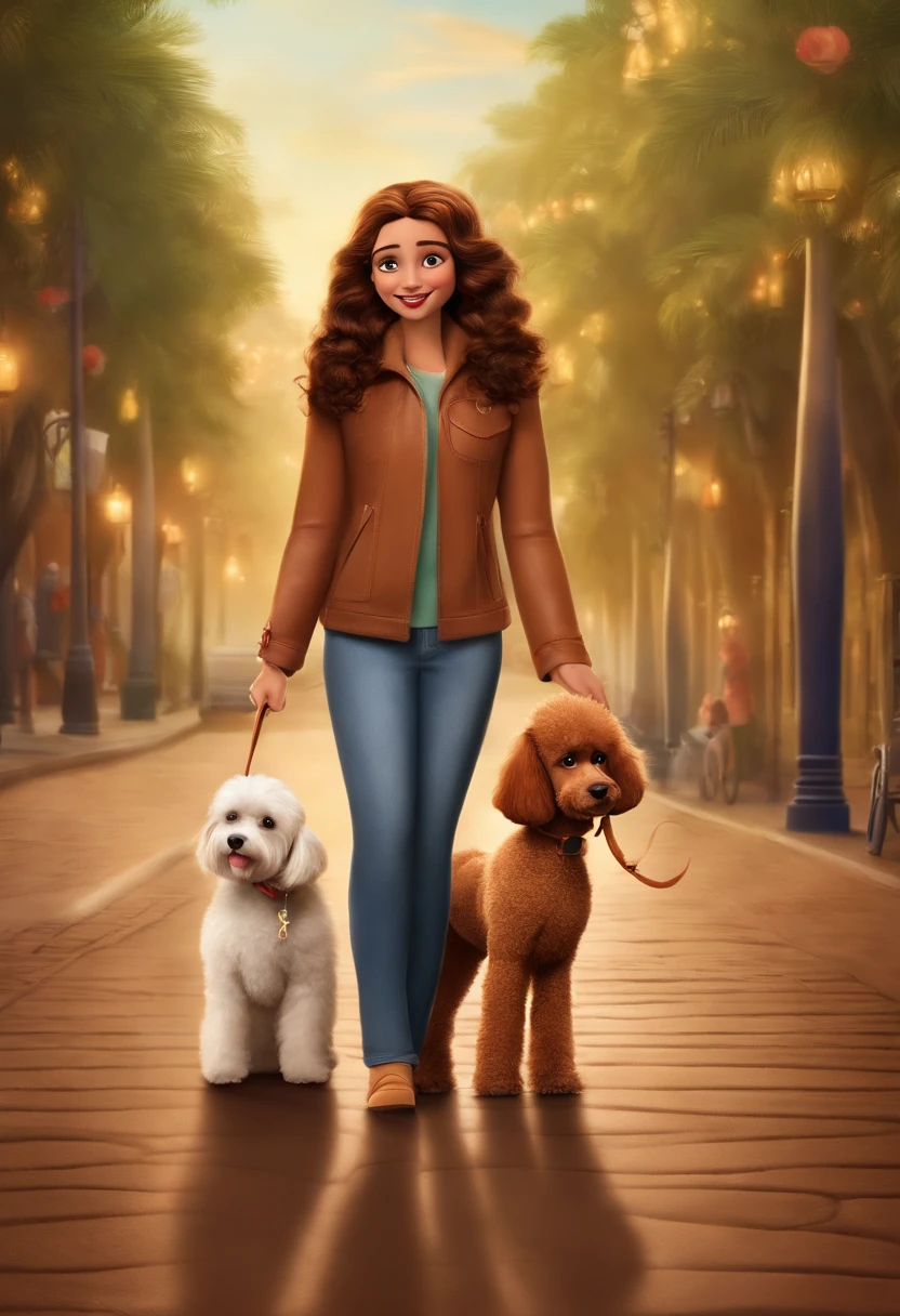 Create a poster inspired by Disney Pixar movies, apresentando um casal acompanhado por uma menina de altura mediana com cabelos castanhos escuros, Full lips and dark eyes and silly face together with brown poodle puppy girl, cachorrinho de pele bem cuidada com dentes caninos afiados e pontiagudos brincando. The poster is titled 'Lily' Digital art should be in the style of Pixar, reminiscent of an animated feature.