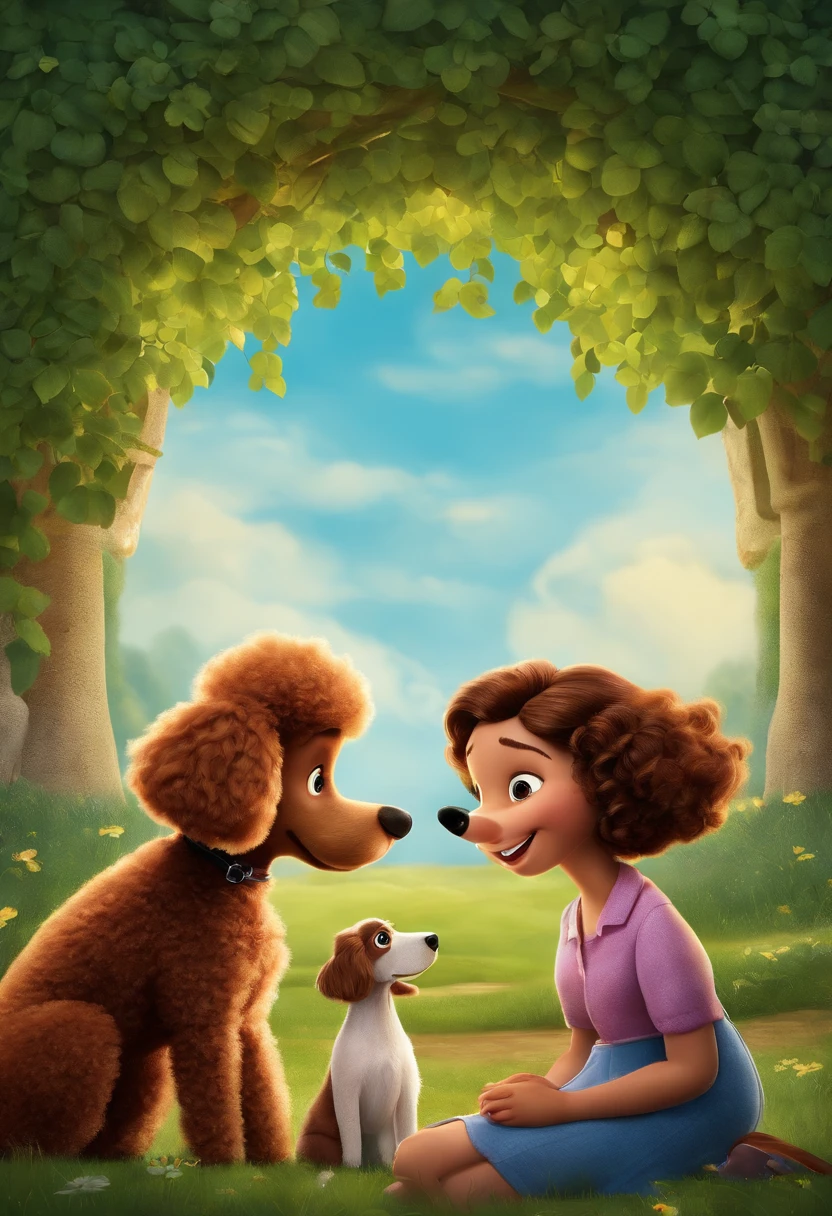Create a poster inspired by Disney Pixar movies, apresentando um casal acompanhado por uma menina de altura mediana com cabelos castanhos escuros, Full lips and dark eyes and silly face together with brown poodle puppy girl, cachorrinho de pele bem cuidada com dentes caninos afiados e pontiagudos brincando. The poster is titled 'Lily' Digital art should be in the style of Pixar, reminiscent of an animated feature.