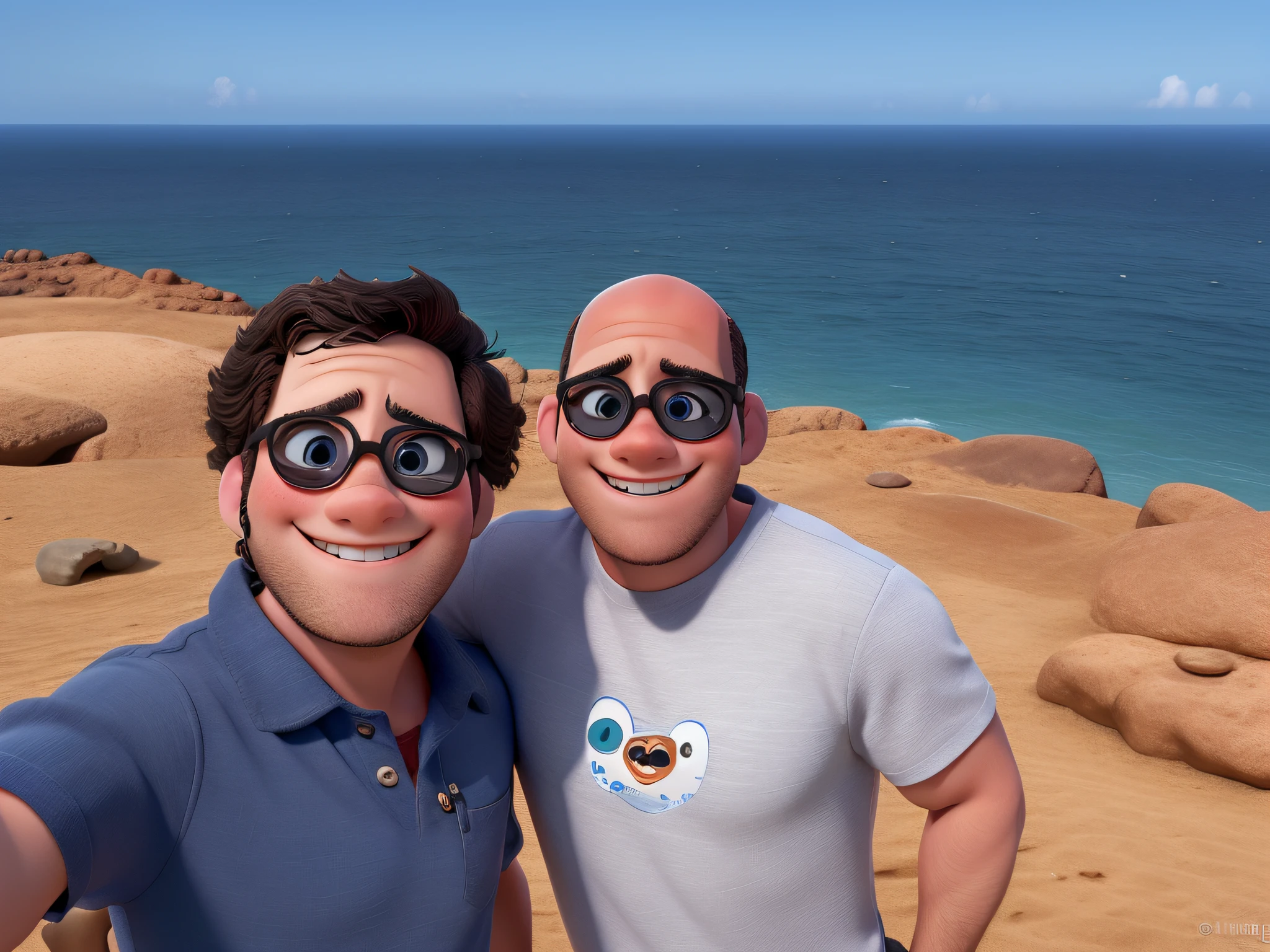 Two men friends style Disney Pixar Heartthrobs, high quality, best quality, having fun on Hawai