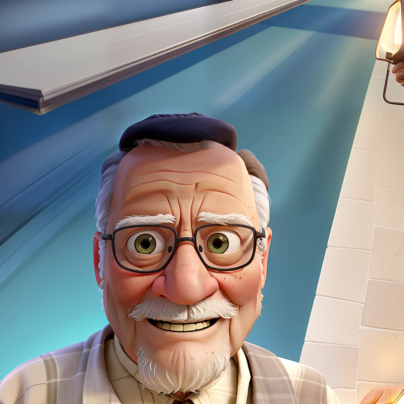 A wise old man standing in front, illuminated by the light of a lamp, against the backdrop of a library