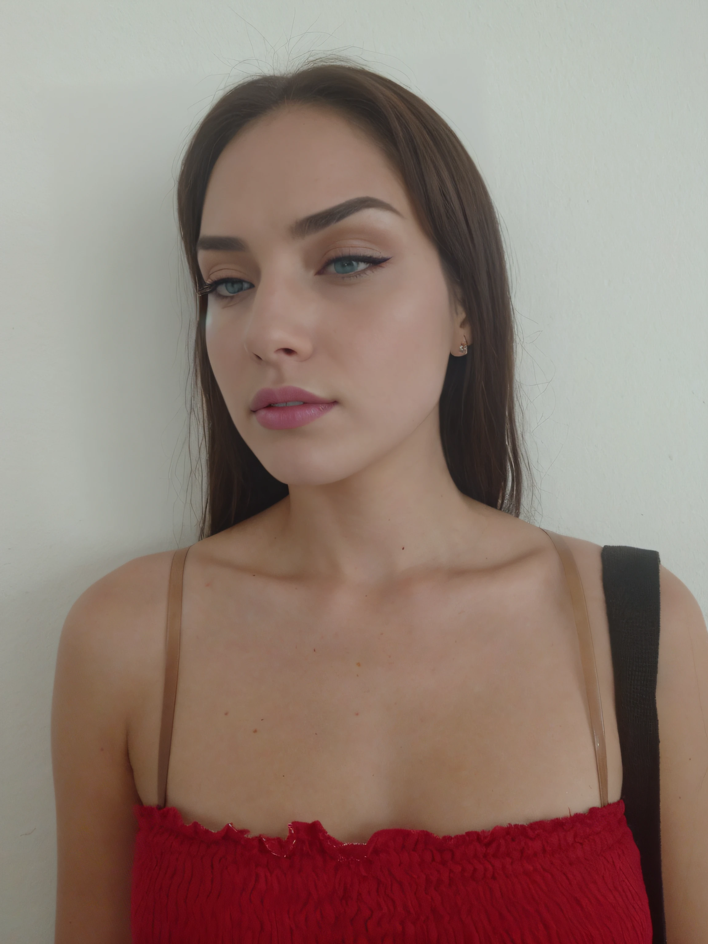 a woman (27 years old) keeping the same face, bright green eye, Aimee Lou Wood, Ana de armas, fine detailed green eyes, retracted pupils, Fine quality bright green eye, same color for both eyes, same expression, retracted pupil, same clothes, same body, fine quality hair, same color, arrogant smile, bold sexy smile, arrogant sexy look. 32k image, professional Photography, highest quality. closed lips, closed mouth.