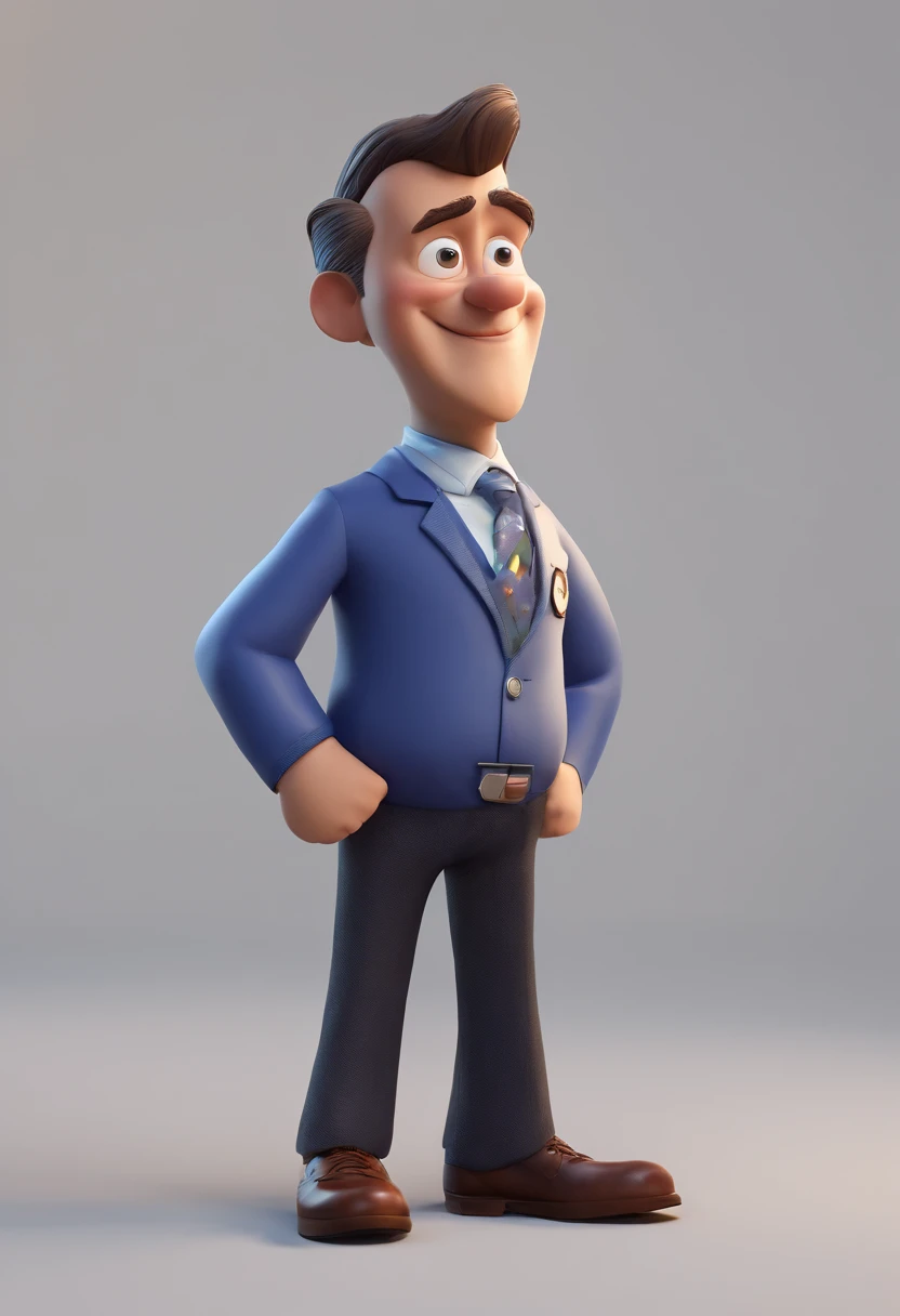 Cartoon character of a 50-year-old politician, olhos azuis, baixo, branco e um terno azul, animation character, Caractere estilizado, animation style rendering,  3 d render stylized, toon render keyshot, Personagem 3D, Personagem 3D, 3d rendering stylized, 3 d character render, personagem de desenho animado, Personagem de close up, Pose de personagem,  (Estilo Pixar) (master part:1.2) (Bokeh) (best quality) (pele detalhada) (textura detalhada) (8k) (argila) (Cinematic lighting) (foco nítido) It's in a cabinet that have several picture frames scattered around, with pictures of doctor attending, Two children smiling, Humble people hugging each other, Inauguration of a city.
