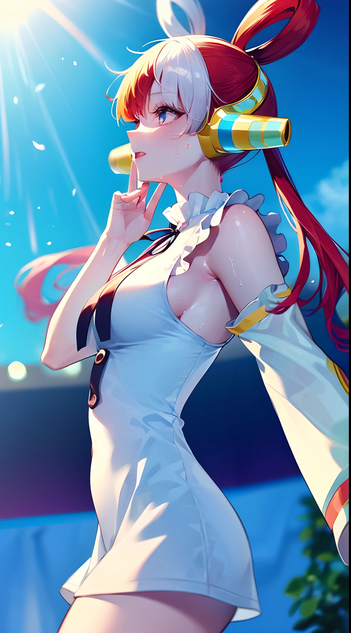 (Ultra-detailed, Vibrant colors:1.2), ONE Piece、uta、Red hair on the left、White hair on the right side、Beautiful detailed girl singing a song under clear blue sky, Open your hands wide, , While sweat shines on the body