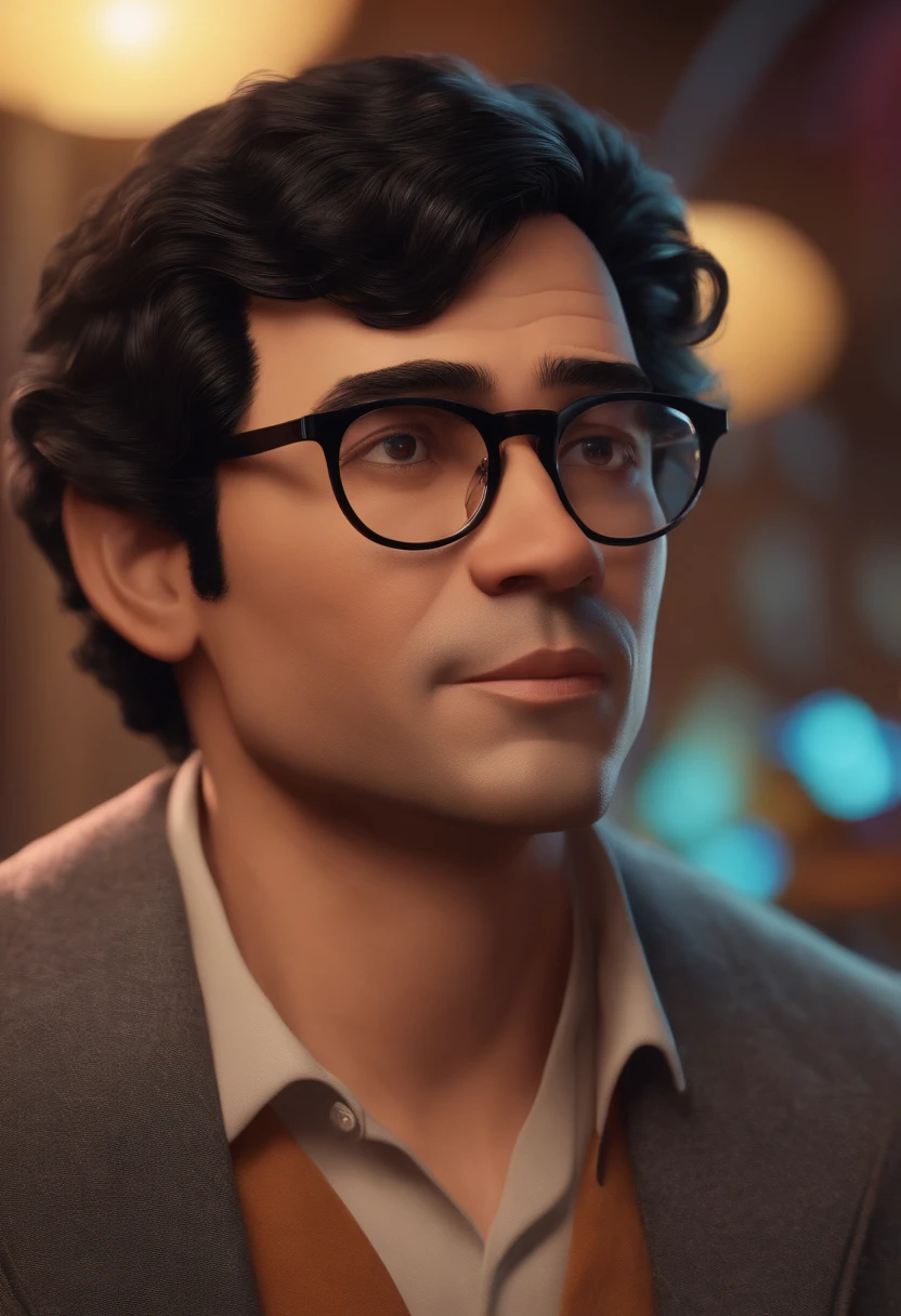 43 years old man with black hair in glasses, estilo Pixar