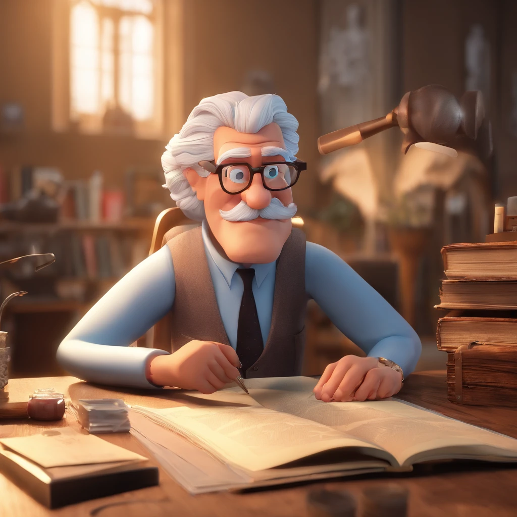Crie um cartaz inspirado na Disney Pixar com o personagem sendo o pastor Rubens Janier, A gray-haired man wearing glasses, in an office with a Bible on the table