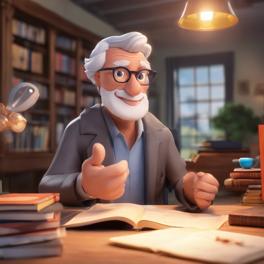 Crie um cartaz inspirado na Disney Pixar com o personagem sendo o pastor Rubens Janier, A gray-haired man wearing glasses, in an office with a Bible on the table