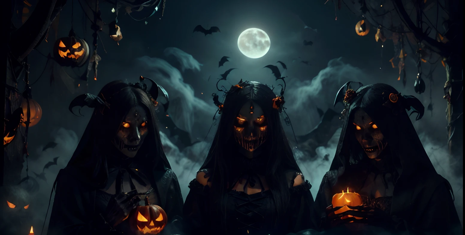 (best quality,highres:1.2),dark and eerie Halloween atmosphere,spooky haunted mansion,full moon shining,vivid orange and black colors,bats flying through the night sky,creepy mist and fog,Jack-o'-lanterns glowing,witches and ghosts lurking in the shadows,haunted trees with twisted branches,fallen leaves rustling on the ground,cackling sounds echoing,sinister figures wearing costumes,mysterious supernatural presence,horrifying night of fright