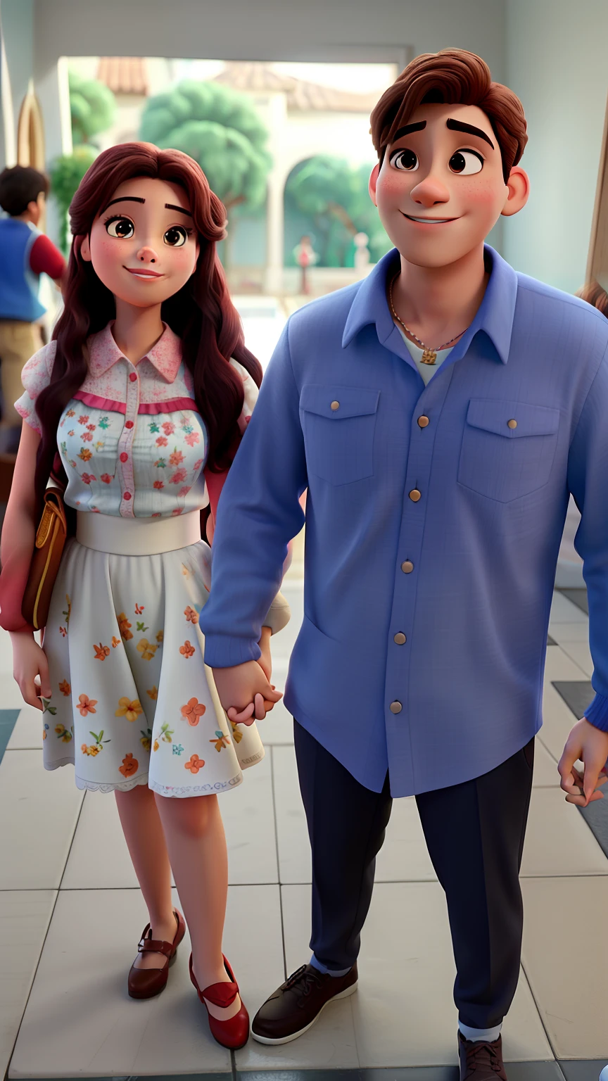 a couple smile to the camera the girl use red dress and the boy use a blue shirt