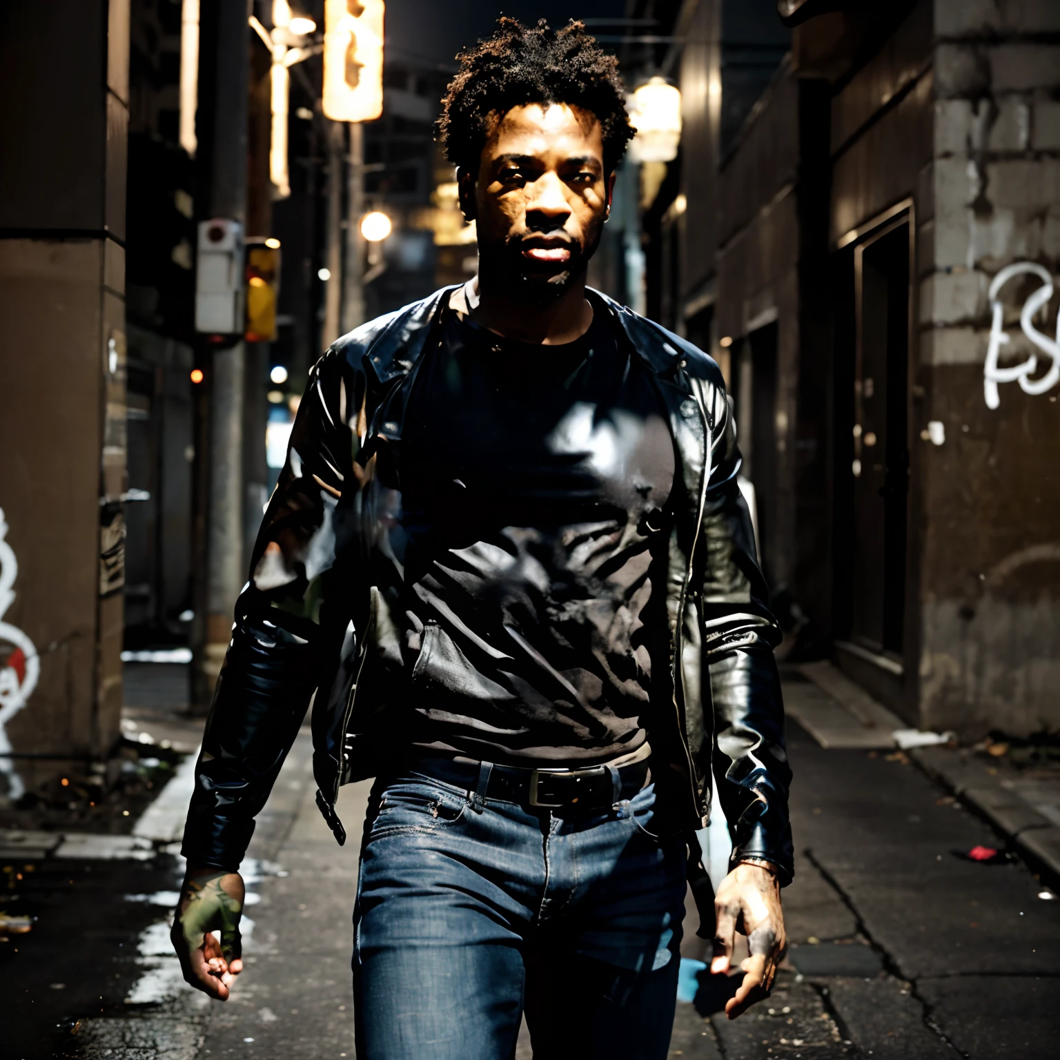 a black male, 38 years old, 3D rendered, (best quality, highres, realistic:1.37), earthy tones, dramatic lighting, detailed facial features, confident expression, short curly hair, stubble, muscular physique, wearing a black leather jacket, blue jeans, and black boots, standing in an urban setting, with graffiti-covered walls and flickering streetlights, surrounded by a sense of mystery and intrigue.
