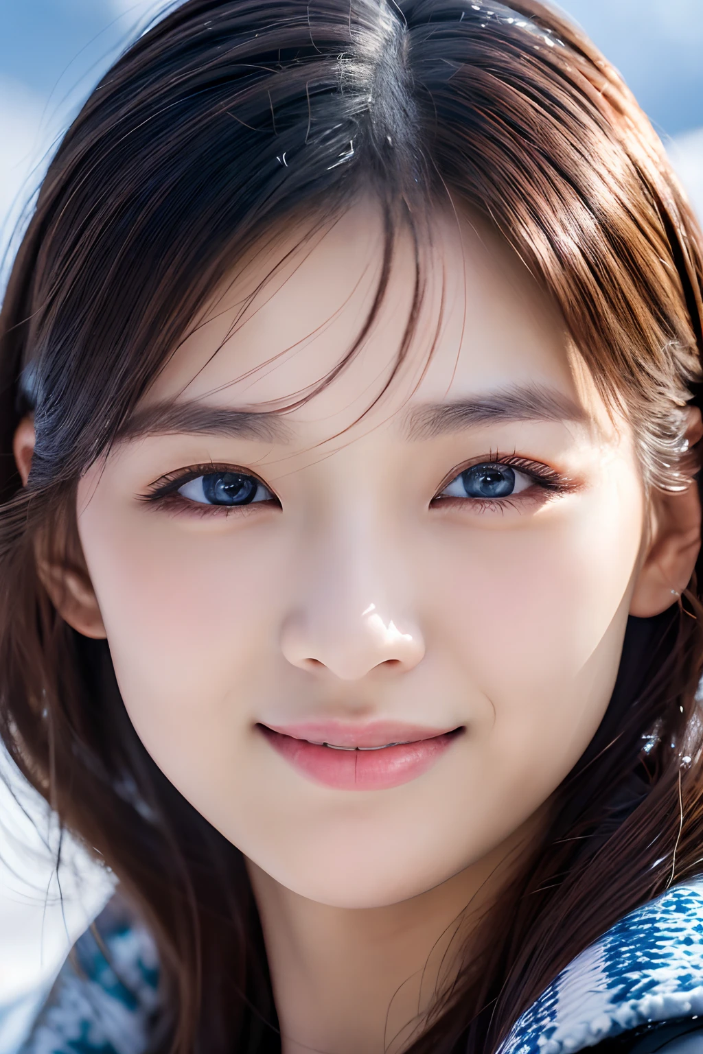 (8K, Raw-Photo, best qualtiy, tmasterpiece:1.2),(realisticlying, photograph realistic:1.4),(Highly detailed CG unity 8k wallpaper),(Round face: 1.5), (detailed pupil:1.3),Beautiful Lady Wrangler Nuvicon in front of the snowy mountain valley ,Young but very beautiful Korean 35 year old woman,Cool Eyes,little smile,Unforgettable Eyes,The eyes are so beautiful