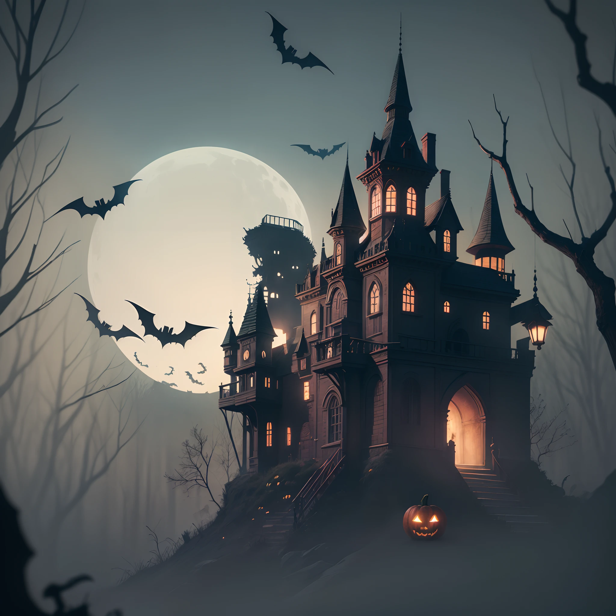 a horror castle, with a Halloween background, super detailed, with ghosts, 9:16 format, 4k --auto --s2