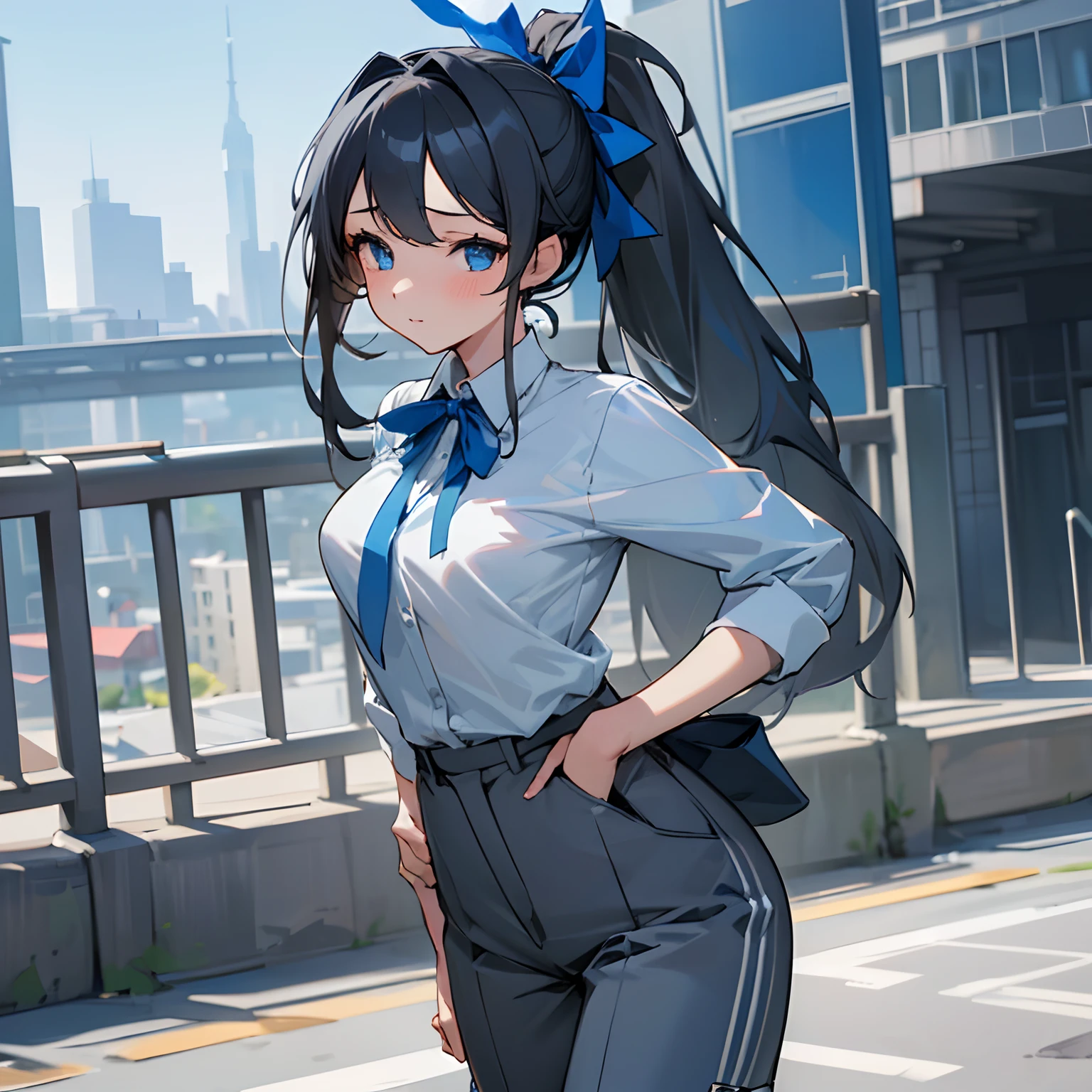 (Masterpiece, 8k, 1 girl, solo, Arisu, Blue_Archive, mature woman) , grey long hair, ponytail with ribbon, hairbow, deep blue eyes, large breasts, blue blouse, white shirt, short trousers, cool legwear, city in background, gorgeous girl