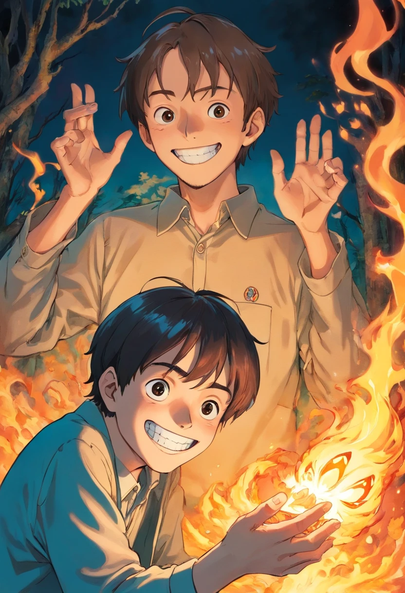 Un homme tient dans ses mains une poupee effrayante et ancienne dans le style de junji ito avec un sourire effrayant, et il lui met le feu