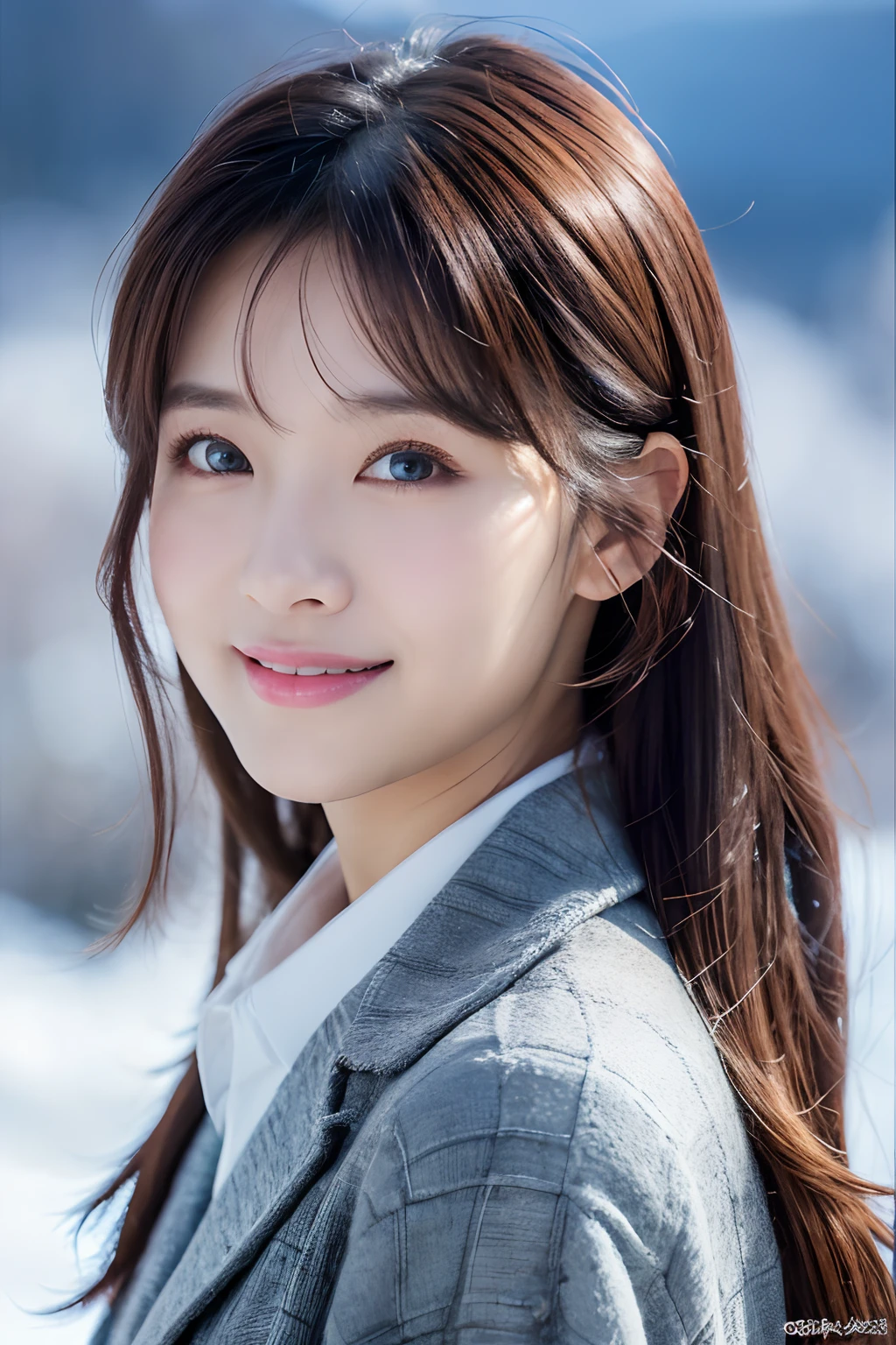 (8K, Raw-Photo, best qualtiy, tmasterpiece:1.2),(realisticlying, photograph realistic:1.4),(Highly detailed CG unity 8k wallpaper),(Round face: 1.5), (detailed pupil:1.3),Beautiful Lady Wrangler Nuvicon in front of the snowy mountain valley ,Young but very beautiful Korean 35 year old woman,Cool Eyes,little smile,Unforgettable Eyes,The eyes are so beautiful