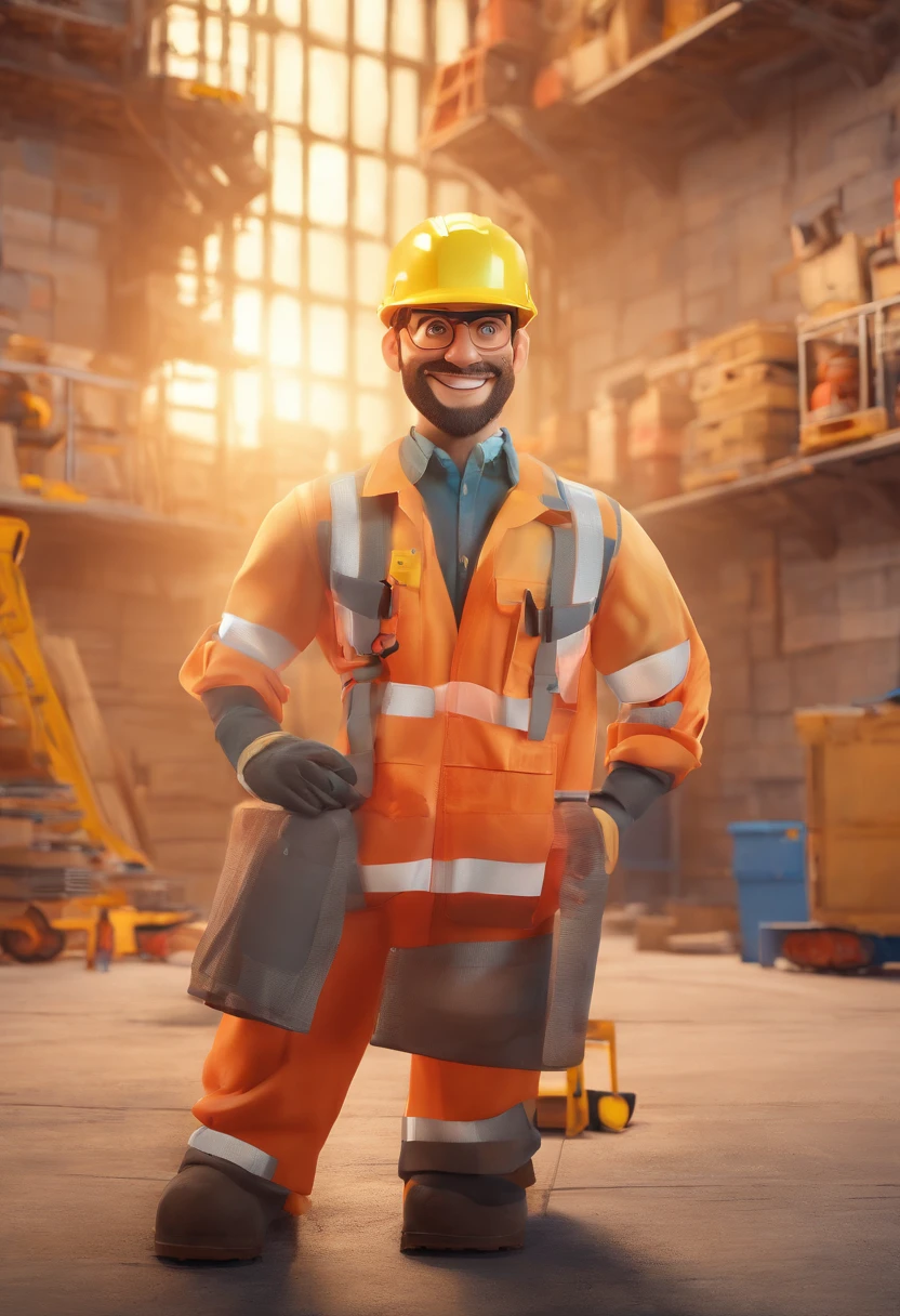 Homem, Branco, de barba e cabelo preto, olhos verdes, Dressed as a construction worker looking forward, Equipado com um capacete e cinto de ferramentas, Involved in construction activities, Conveying a sense of camaraderie, Kind and approachable character, Authentic and recognizable construction costume, Safe and responsible display of protective equipment, Trabalho ocupado e produtivo no canteiro de obras, Cooperative interactions with other workers, ambiente acolhedor e convidativo, Foto frontal para engajar os espectadores , Desenvolva esta arte em Full HD, Focus on your cinematic touch, Estilo Disney Pixar Animations.