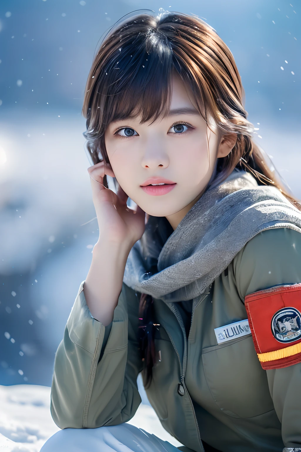 (8K, Raw-Photo, best qualtiy, tmasterpiece:1.2),(realisticlying, photograph realistic:1.4),(Highly detailed CG Unity 8k wallpaper),(Round face: 1.5), (detailed pupil:1.3),Beautiful female soldier in front of snow mountain valley Wrangler Nuvicon ,