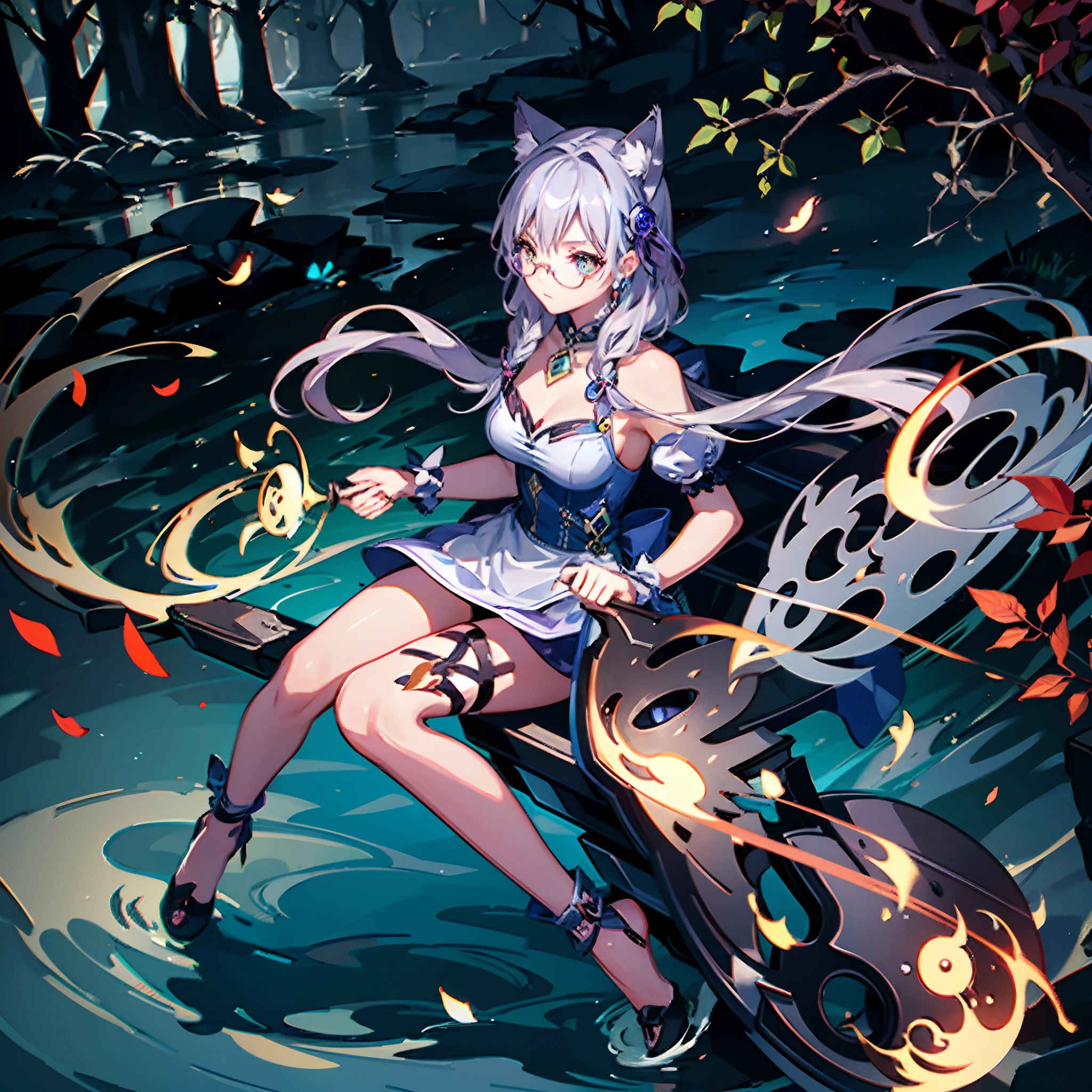 Precision painting、Super delicate、Top image quality、Cheshire Cat、Metallic Chopper、long、Long hair、Animal ears、Cat Ear Original、((1girl in))、landscapes、The scene、Red tree、the woods、lake、autumnal、Longer dress、((eye glass))、The upper part of the body、Write