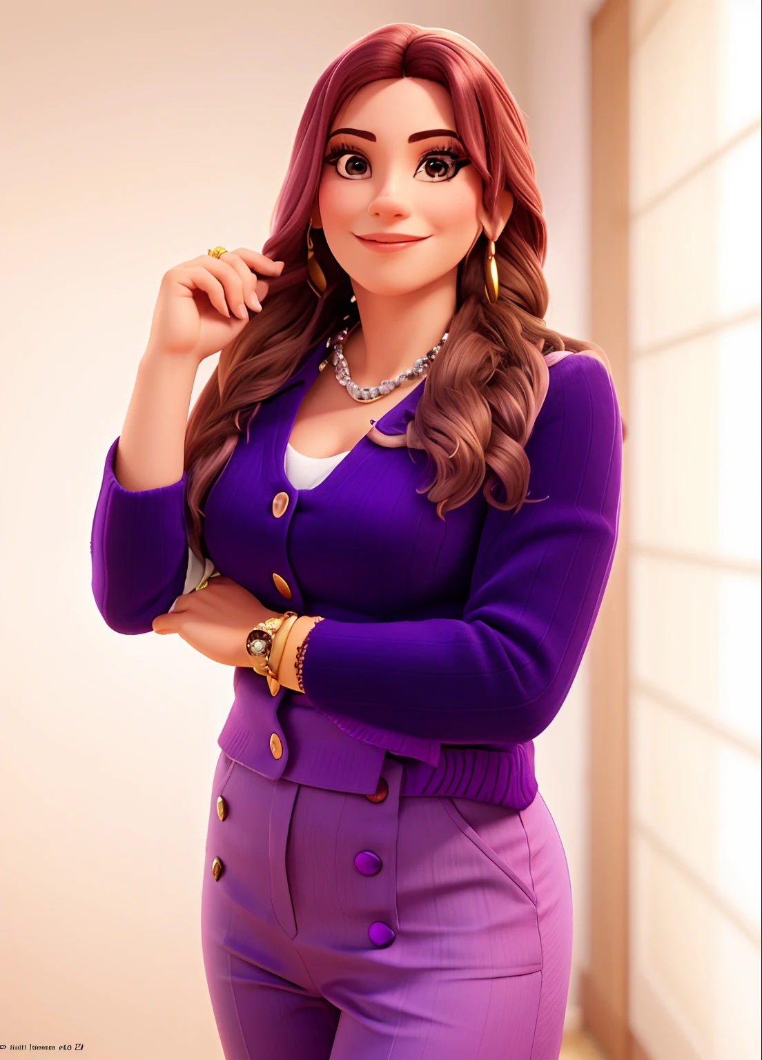 um close up de uma mulher, com cabelo loiro, Disney pixel style with a purple blazer and purple pants posing for a photo, Lorena Avarez, fernanda suarez, Marischa Becker, Carola Rubio, julia fuentes, taken in the early 2020s, Estefania Villegas Burgos, imagem de perfil, inspired by Gina Pellón, by Amelia Peláez, by Gina Pellón
