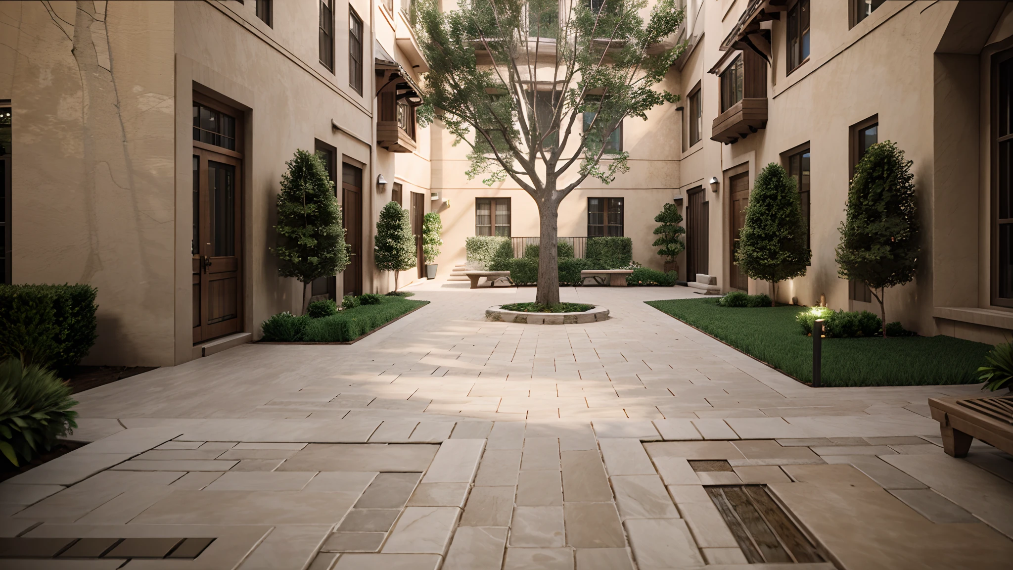 3d modeling for this courtyard with a tree in middle the path.