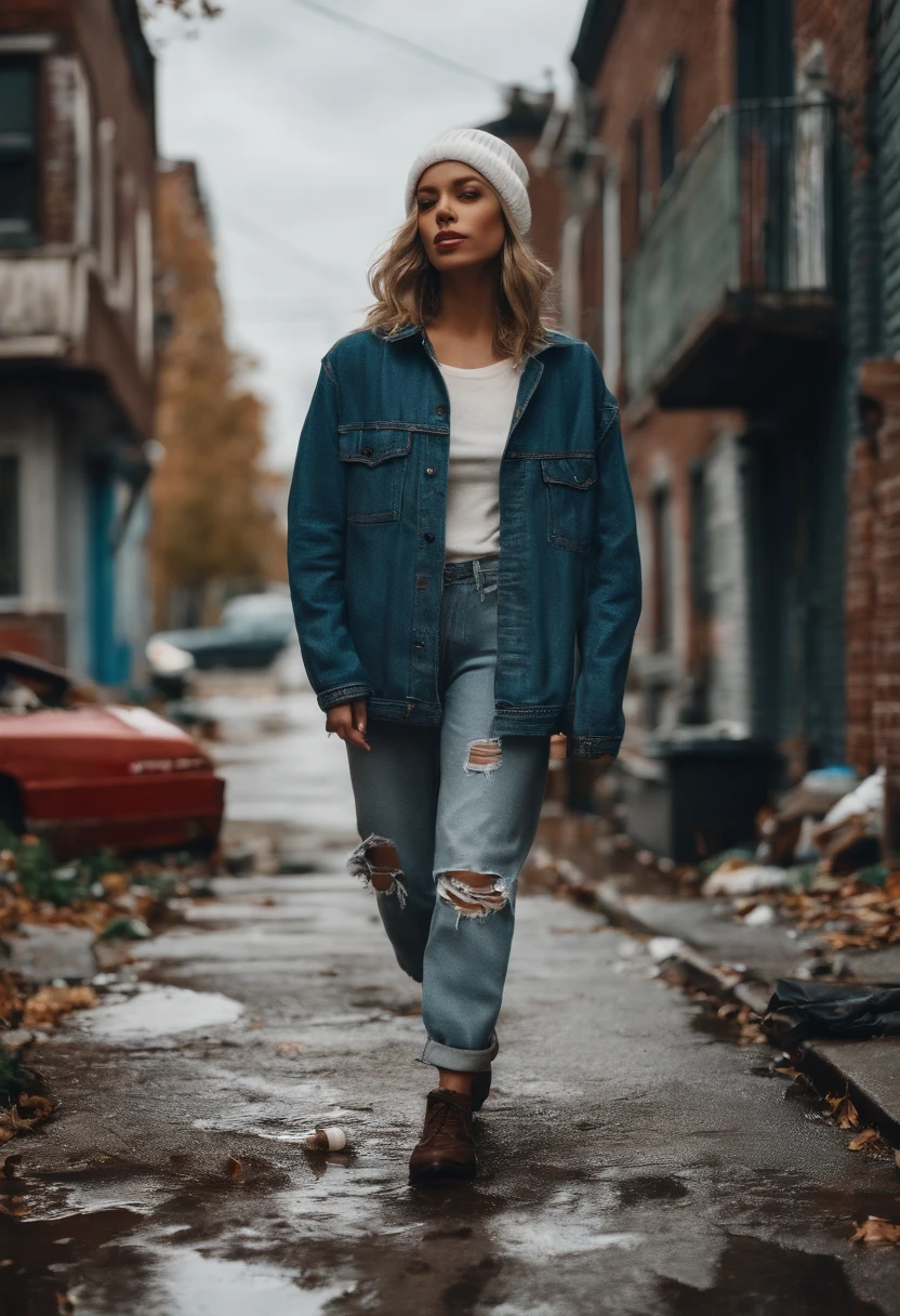 masterpiece, best quality, 1girl, walking on sidewalk, hip hop woman, baggy pants, retro, suburban, suburbia, 1990s, white beanie, outdoor, laid-back, puddles, drain, rebellious, bedraggled, ((graffiti)), ((trash)), dirt lying around, leaves, ((broken concrete)), city, symmetric eyes, hands in pockets, clouds, overcast, detailed face,