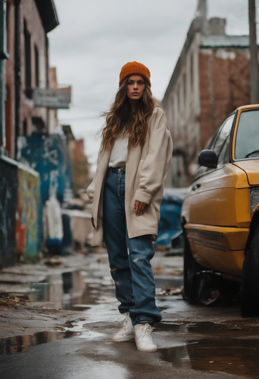 masterpiece, best quality, 1girl, walking on sidewalk, hip hop woman, baggy pants, retro, suburban, suburbia, 1990s, white beanie, outdoor, laid-back, puddles, drain, rebellious, bedraggled, ((graffiti)), ((trash)), dirt lying around, leaves, ((broken concrete)), city, symmetric eyes, hands in pockets, clouds, overcast, detailed face,