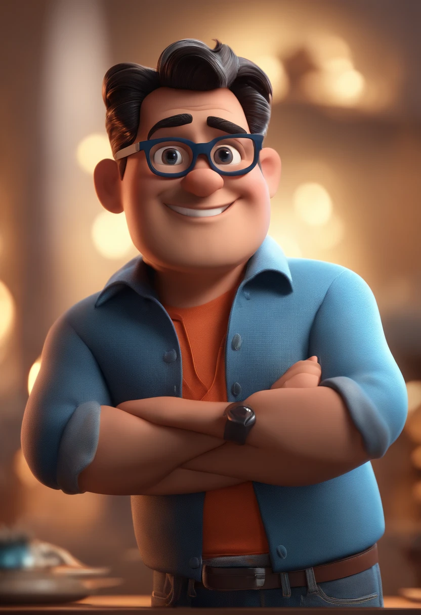 Cartoon character of a man with black glasses and a blue shirt, animation character, Caractere estilizado, animation style rendering, 3D estilizado, Arnold Maya render, 3 d render stylized, toon render keyshot, Personagem 3D, Personagem 3D, 3d rendering stylized, 3 d character render, personagem de desenho animado, Personagem de close up, Pose de personagem,  (Estilo Pixar) (master part:1.2) (Bokeh) (best quality) (pele detalhada) (textura detalhada) (8k) (argila) (Cinematic lighting) (foco nítido