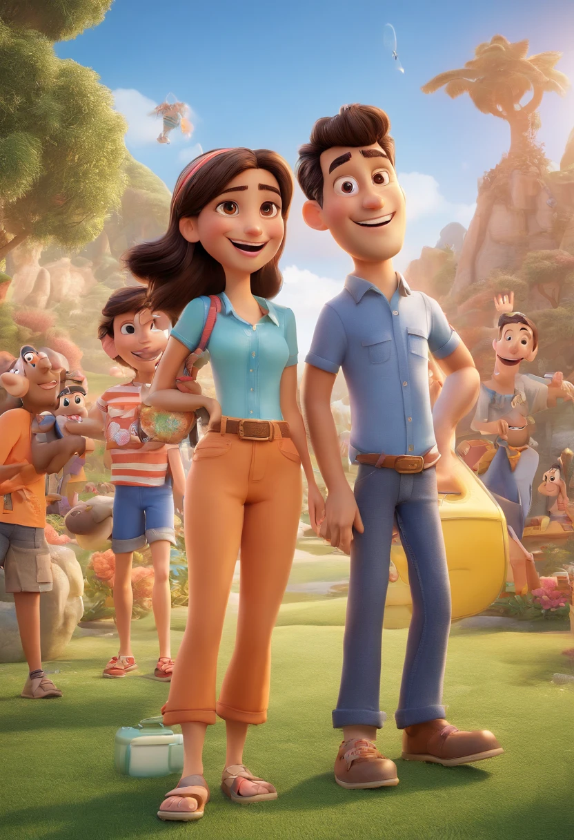 Cartoon of friends having fun on vacation together, 3D Animation Movie Poster, Poster de filme animado, pixar 3 d animation style, pixar renderman rendering, maia 8 mil, animated film, Disney Pixar Estilo 3D, amigos felizes saem juntos, all wearing light blue shirts and cream brown long pants, camisa azul clara, cream brown pants, ao ar livre, vacation, Disney Pixar Animation Poster