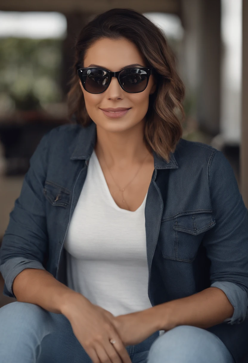 Pixar. Casal com um pitbull branco com o olho e orelha esquerda pretos. A menina tem os cabelos loiros amarrados, Camiseta cinza e jeans claro, white glasses. O menino de cabelos bem curto e barba grande pretos, oculos, Dark blue jeans and gray t-shirt. They are both smiling and are 40 years old