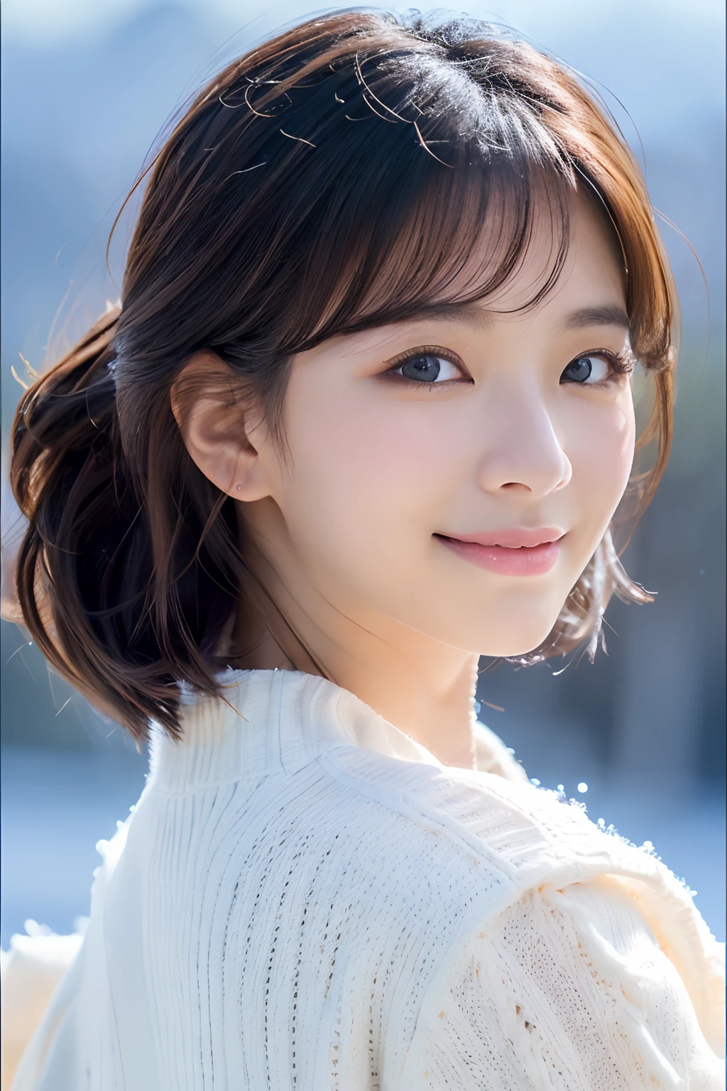 (8K, Raw-Photo, best qualtiy, tmasterpiece:1.2),(realisticlying, photograph realistic:1.4),(Highly detailed CG Unity 8k wallpaper),(Round face: 1.5), (detailed pupil:1.3),((Beautiful female soldier in front of snow mountain valley Wrangler Nuvicon)) ,(Young but very beautiful Korean 35 year old woman,Cool Eyes,little smile,Facing Forward,Looking at the camera,Unforgettable Eyes,The eyes are so beautiful.)