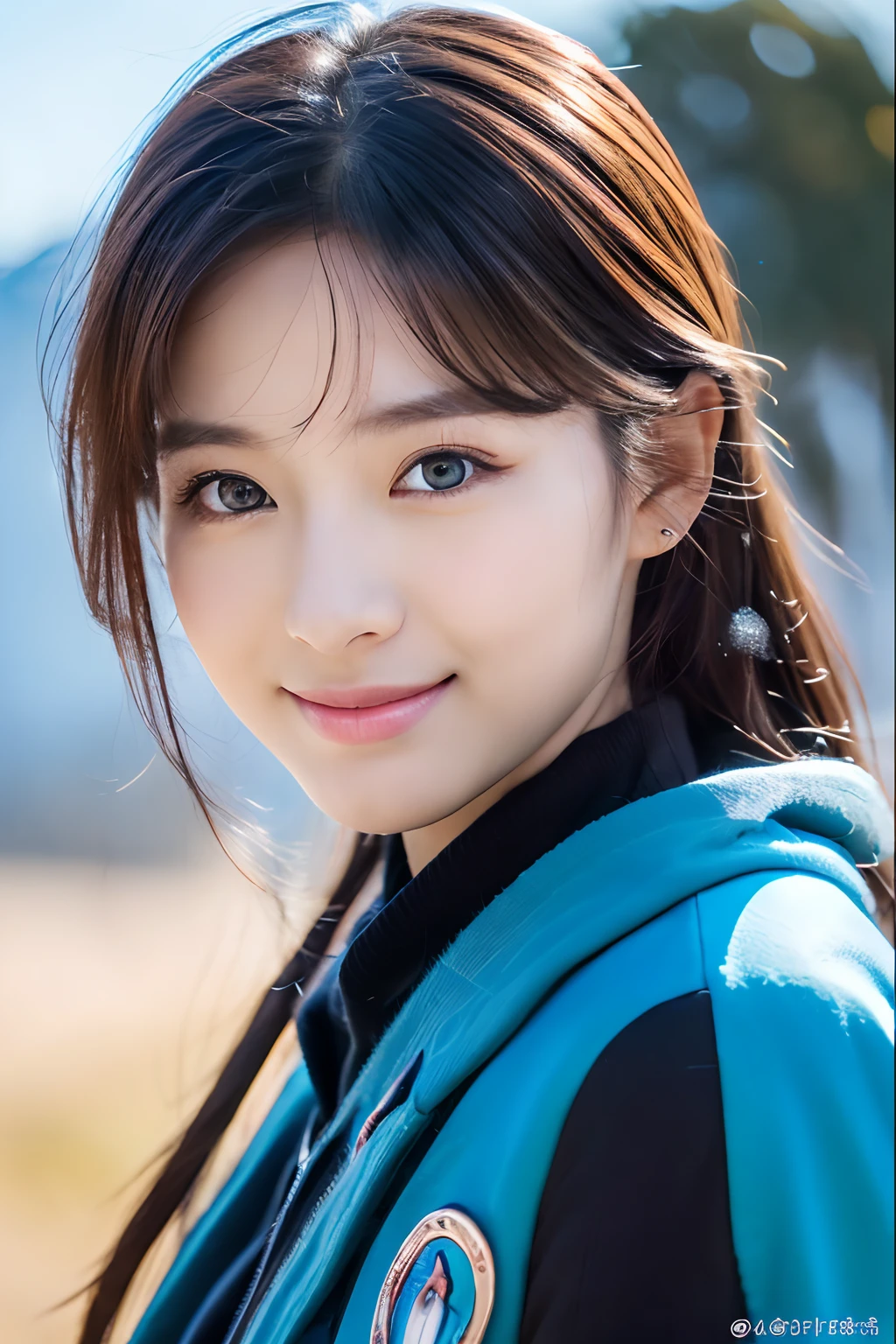 (8K, Raw-Photo, best qualtiy, tmasterpiece:1.2),(realisticlying, photograph realistic:1.4),(Highly detailed CG Unity 8k wallpaper),(Round face: 1.5), (detailed pupil:1.3),((Beautiful female soldier in front of snow mountain valley Wrangler Nuvicon)) ,(Young but very beautiful Korean 35 year old woman,Cool Eyes,little smile,Facing Forward,Looking at the camera,Unforgettable Eyes,The eyes are so beautiful.)