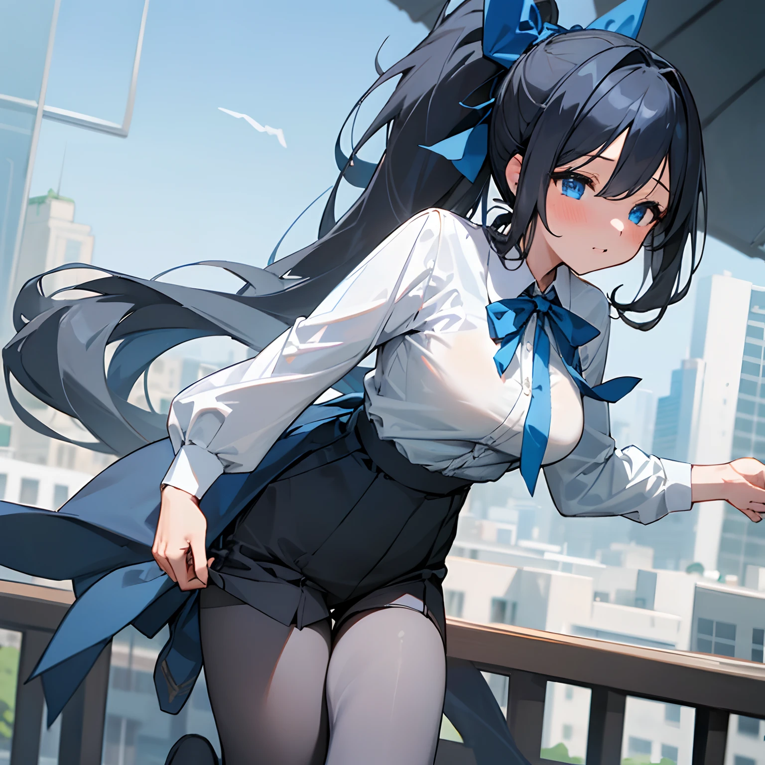 (Masterpiece, 8k, 1 girl, solo, Arisu, Blue_Archive, mature woman) , grey long hair, ponytail with ribbon, hairbow, deep blue eyes, large breasts, blue blouse, white shirt, short trousers, cool legwear, city in background, gorgeous girl