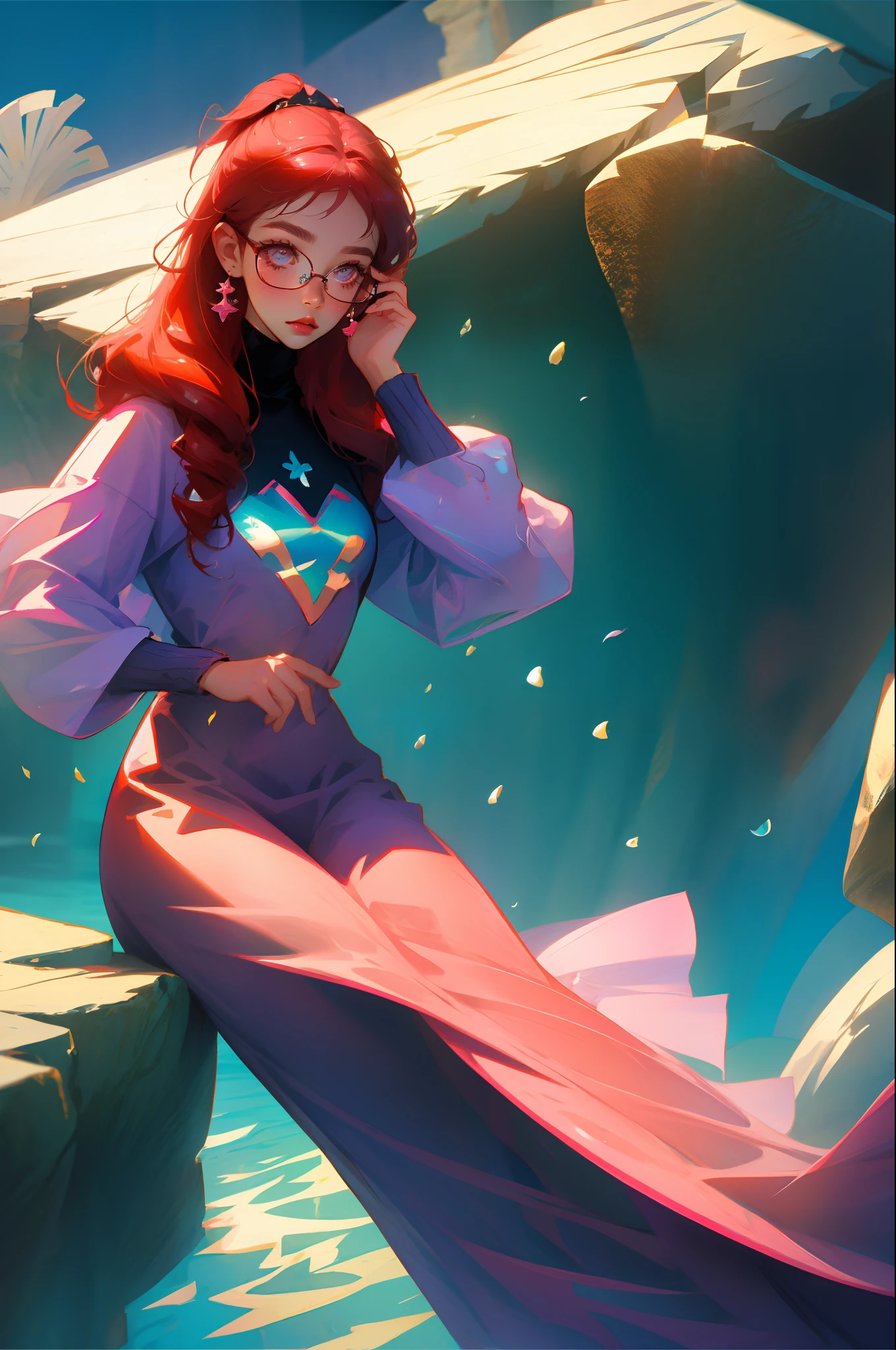 comic strip illustratio mermaids red hairs Cute pink eyes eye glasses Hair to the shoulders Under the sea