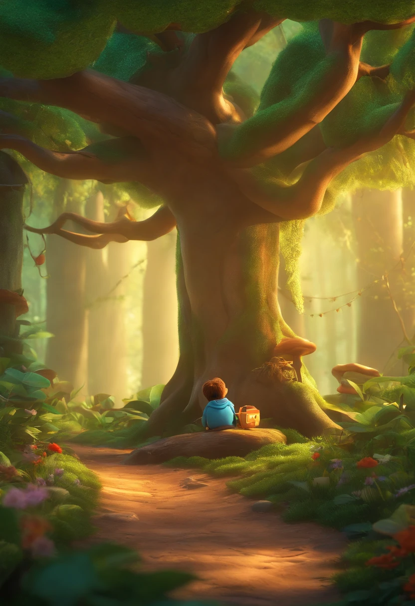 Um filme inspirado na Disney Pixar (TATU COM MOCHILA NA COSTAS AO LADO DO HOMEM VELHO COM CABELOS BRANCOS ) dentro A cena acontece na floresta, TREES WITH VIBRANT COLORS, detalhadas, a arte distinta do estilo PIXAR, descolada e estilosa, Uplighting. 3D-rendering