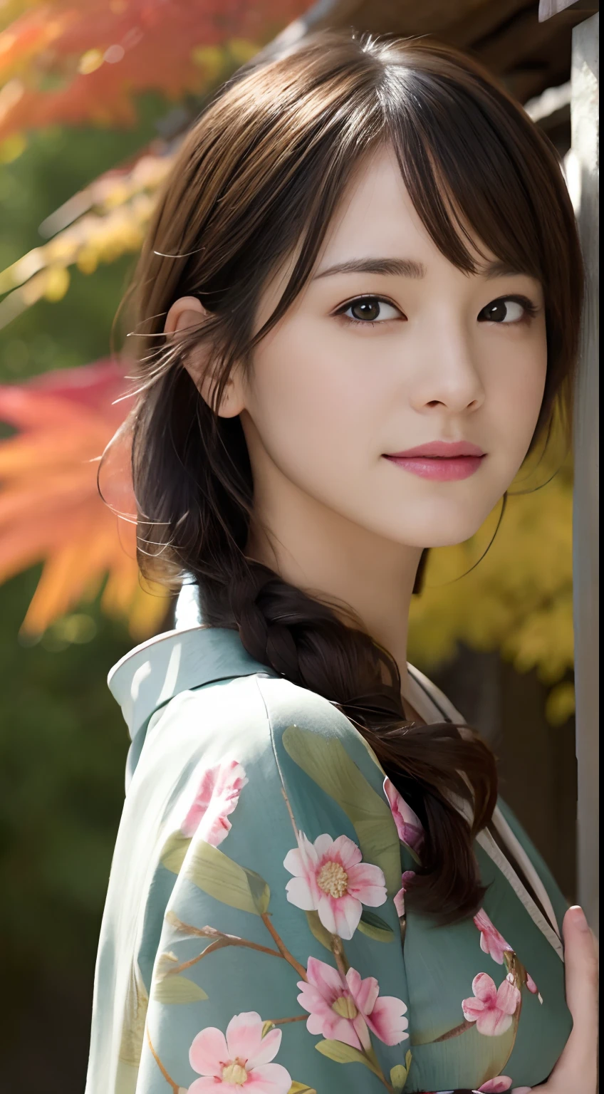 (A hyper-realistic), (hight resolution), (8K), (ighly detailed), (beatiful detailed eyes), (top-quality), (ultra-detailliert), (masterpiece), (A detailed face), softfocus、face of emma watson、Colossal tits、japanes、Shot in Kyoto、Temple background、Tying hair、hair adornments、Wearing a beautiful kimono、Autumn foliage、A smile、