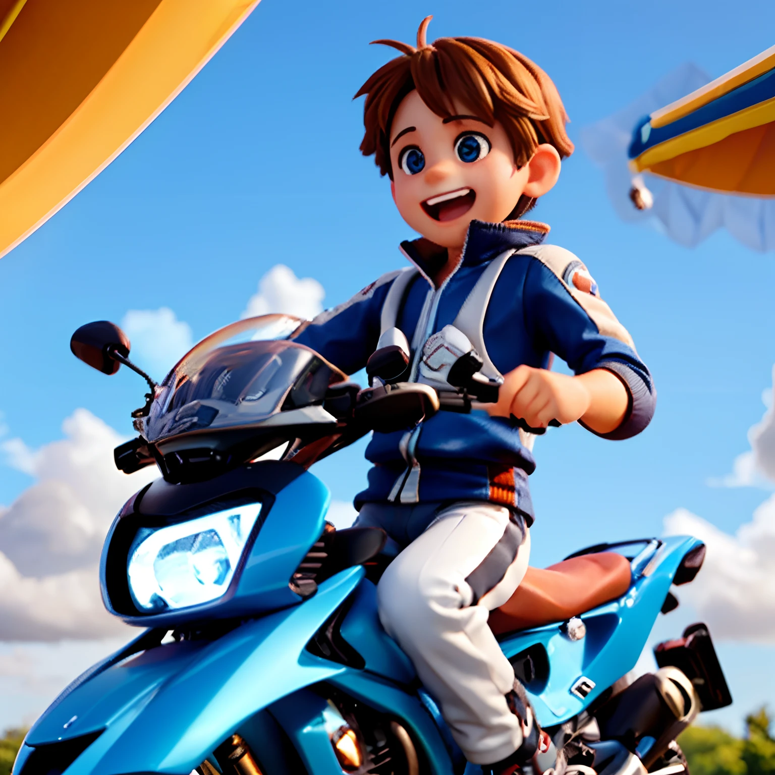Um menino em cima de uma moto da bmw chamada r1200,in front of a luxury mansion in a condominium , A blue sky with few clouds and several kites in the sky , the boy with a rakka kenner is a Nike ensemble with a cheerful expression