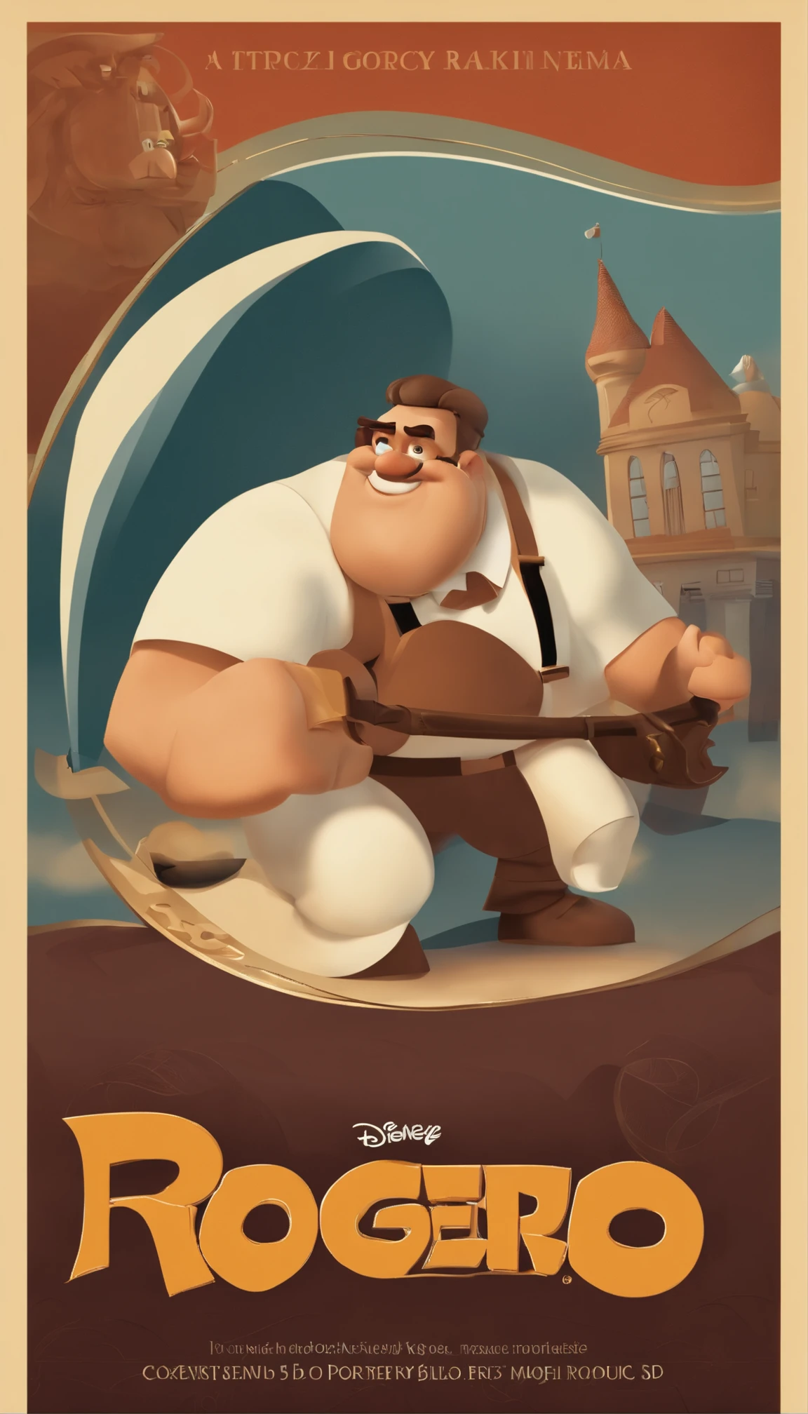 a poster of Pixar's Disney-style 3D movie with the text "Rogério Cortess" is a 40-year-old man, with a medium beard, mais branco do que preto, em breve, um pouco forte, estilo motociclista, He's on his feet, assistir a um rolo de rock, Futuristic style, programming codes. without glasses. Sorridente e bonito, olhos castanhos e pequenos cabelos castanhos