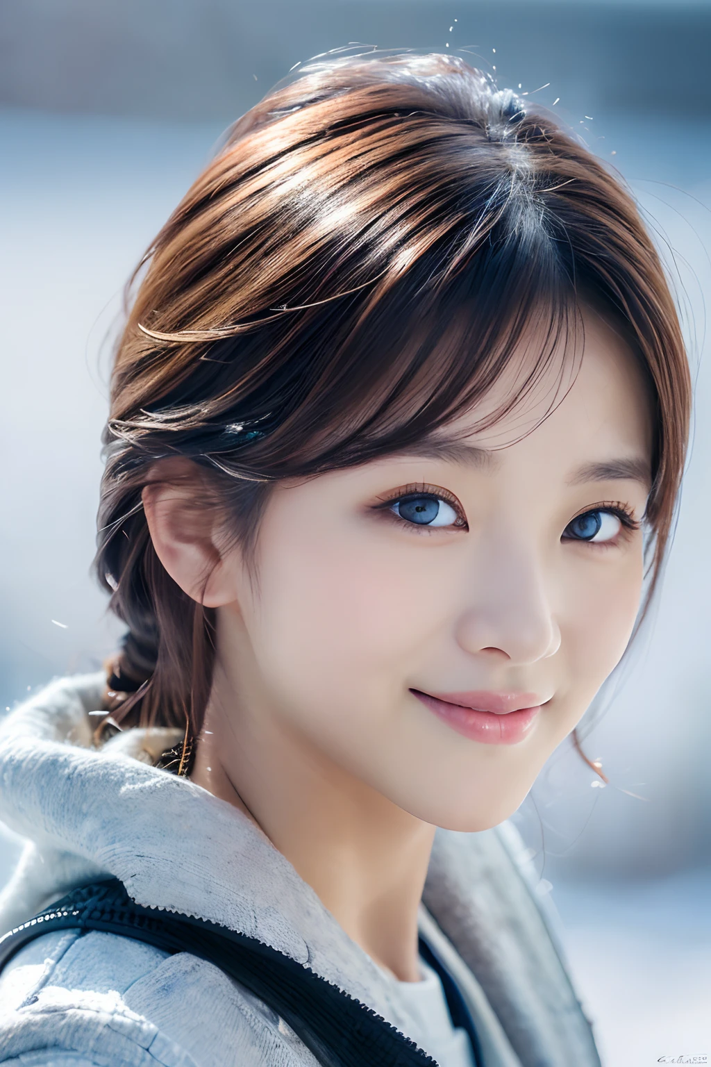 (8K, Raw-Photo, best qualtiy, tmasterpiece:1.2),(realisticlying, photograph realistic:1.4),(Highly detailed CG Unity 8k wallpaper),(Round face: 1.5), (detailed pupil:1.3),Beautiful female soldier in front of snow mountain valley Wrangler Nuvicon ,(Young but very beautiful Korean 35 year old woman,Cool Eyes,little smile,Facing Forward,Looking at the camera,Unforgettable Eyes,The eyes are so beautiful.)