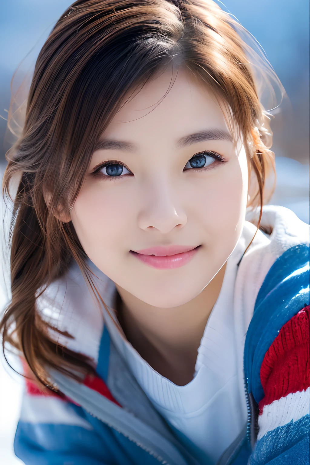 (8K, Raw-Photo, best qualtiy, tmasterpiece:1.2),(realisticlying, photograph realistic:1.4),(Highly detailed CG Unity 8k wallpaper),(Round face: 1.5), (detailed pupil:1.3),Beautiful female soldier in front of snow mountain valley Wrangler Nuvicon ,(Young but very beautiful Korean 35 year old woman,Cool Eyes,little smile,Facing Forward,Looking at the camera,Unforgettable Eyes,The eyes are so beautiful.)