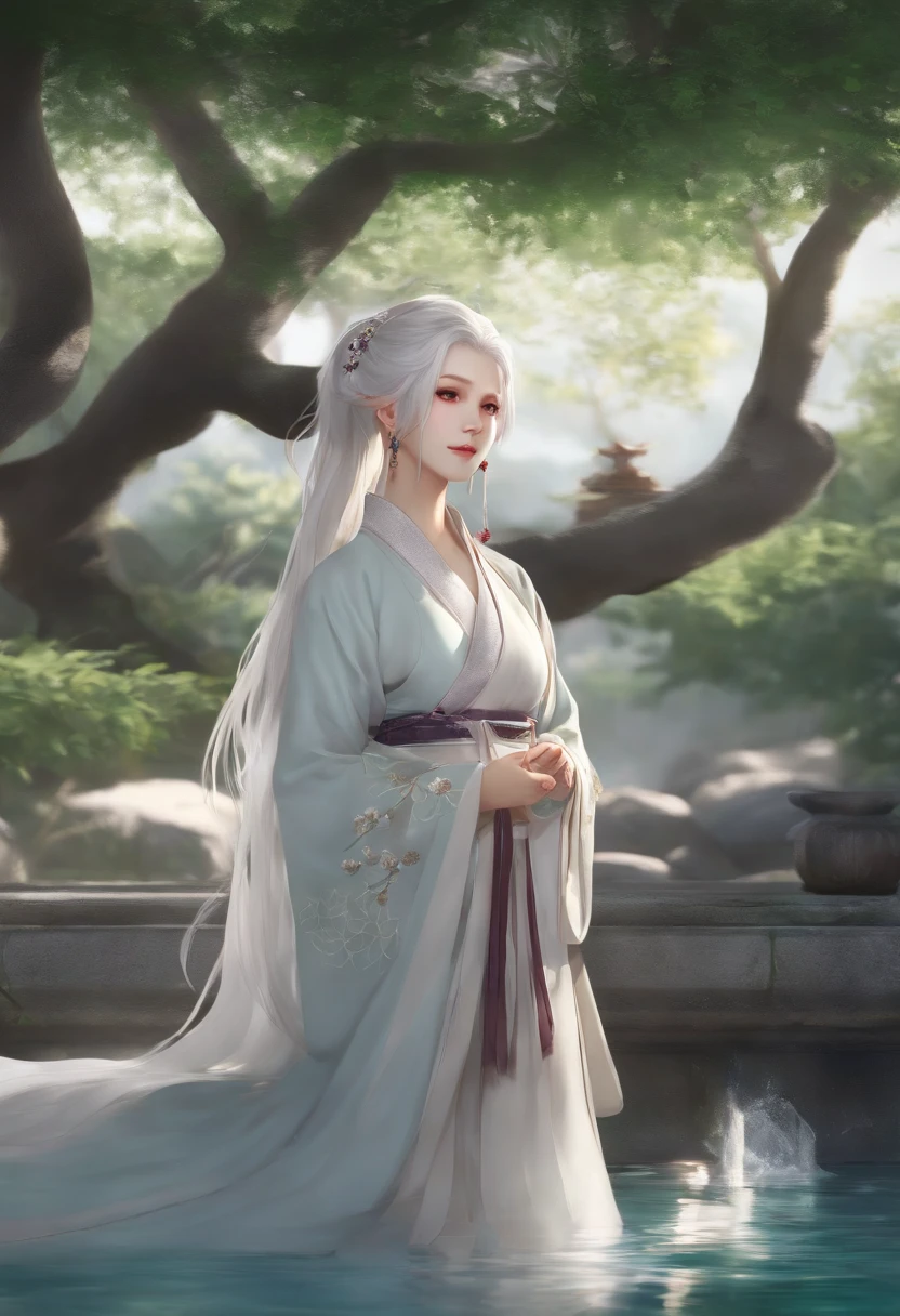 hanfu, (ru_qun), tree, pool, white hair, green eyes, nahida_genshin, child, masterpiece, best quality
