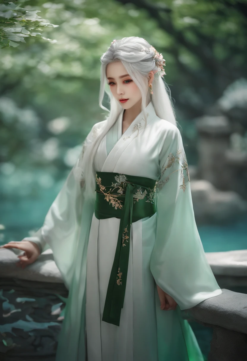 hanfu, (ru_qun), tree, pool, white hair, green eyes, nahida_genshin, , masterpiece, best quality