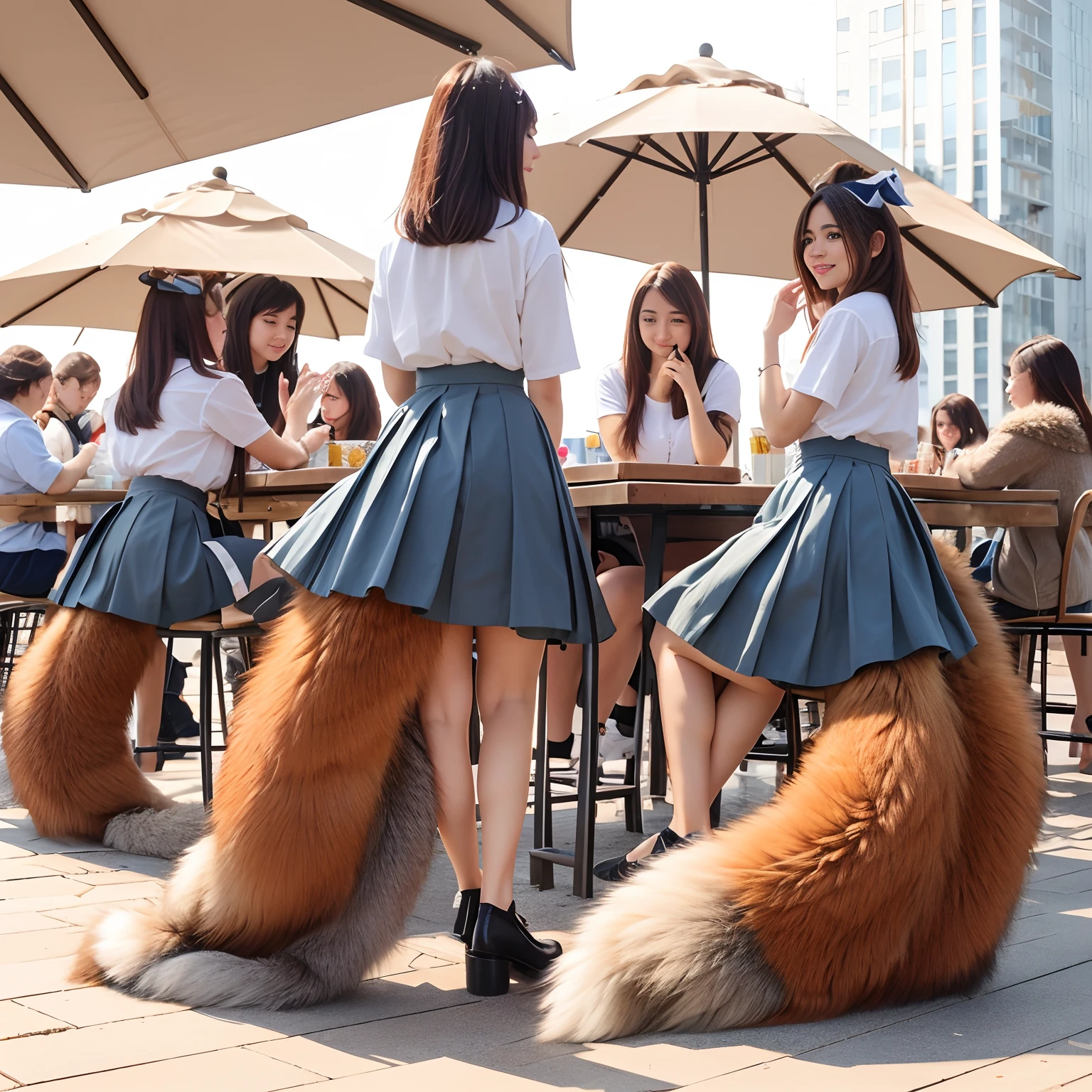 Girl in skirt and tail sitting at table, furries wearing tails, Fox tail, fluffy tail, thick fluffy tail, very very beautiful furry art, Ultra-realistic fur, foxgirl, Furry tail, realisticlying, a picture, top-quality, The tail is in the skirt