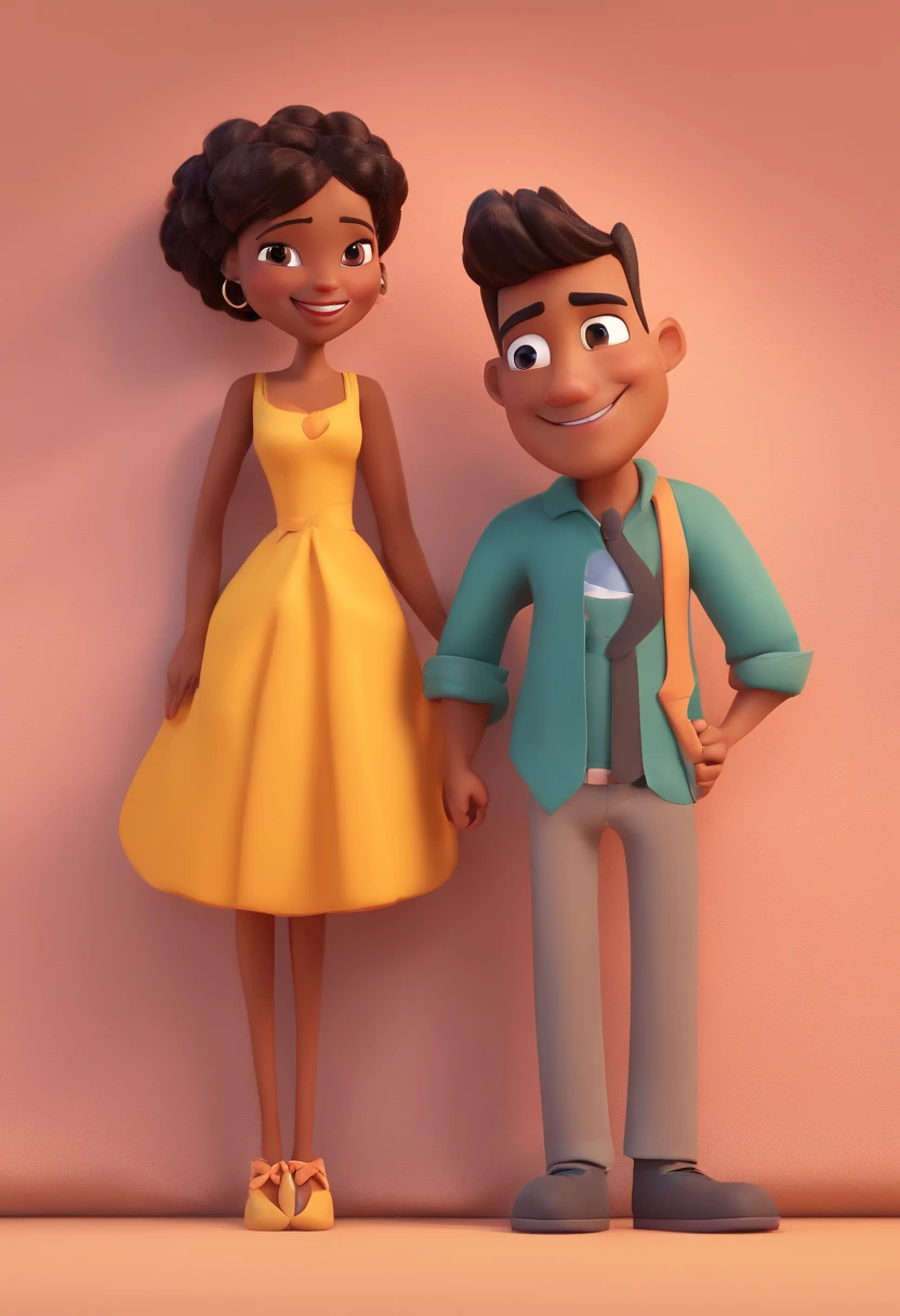 An illustration of an adorable couple, destacando um homem e uma mulher com bonito, Expressive eyes – the man's skin is black and the man's hair is bald and black, while the woman's skin is black and the woman's hair is curly and brown. They are a bright room, cada um com um sorriso no rosto, e compartilhar um momento especial caracterizado pelo amor, arroz, e insights educacionais. Illustrate this scene from a perspective where they are facing away from the camera, Showing Your Connection. Desenvolva esta arte em Full HD, Focus on your cinematic touch, Estilo Disney Pixar Animations