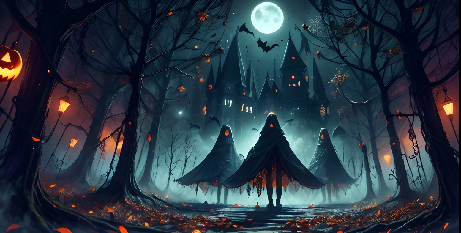 (best quality,Altas:1.2),atmosfera escura e estranha de Halloween,Spooky haunted mansion,lua cheia brilhando,Vivid orange and black colors,Bats flying through the night sky,Spooky Fog and Fog,Jack-o'-lanternas brilhando,Witches and ghosts lurking in the shadows,Haunted trees with gnarled branches,Fallen leaves rustle on the ground,sons de cackling ecoando,figuras sinistras vestindo fantasias,Mysterious Supernatural Presence,noite horripilante de susto