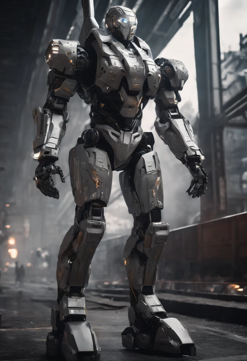 Escuro_fantasia,Cyberpunk, (best quality, master part),Branco,1 homem,mechanical marvel,robotic presence,cybernetic guardian,wearing a cybernetic jacket,cidade, arte digital da mais alta qualidade, arte deslumbrante, papel de parede 4k, altamente detalhado, military robot,army, zona de guerra,preto e branco, arte digital da mais alta qualidade, arte deslumbrante, papel de parede 4k,8k,?? mil, disco Rigido, Unparalleled masterpiece, dynamic lighting, cinemactic, epics, damaged mechanical parts